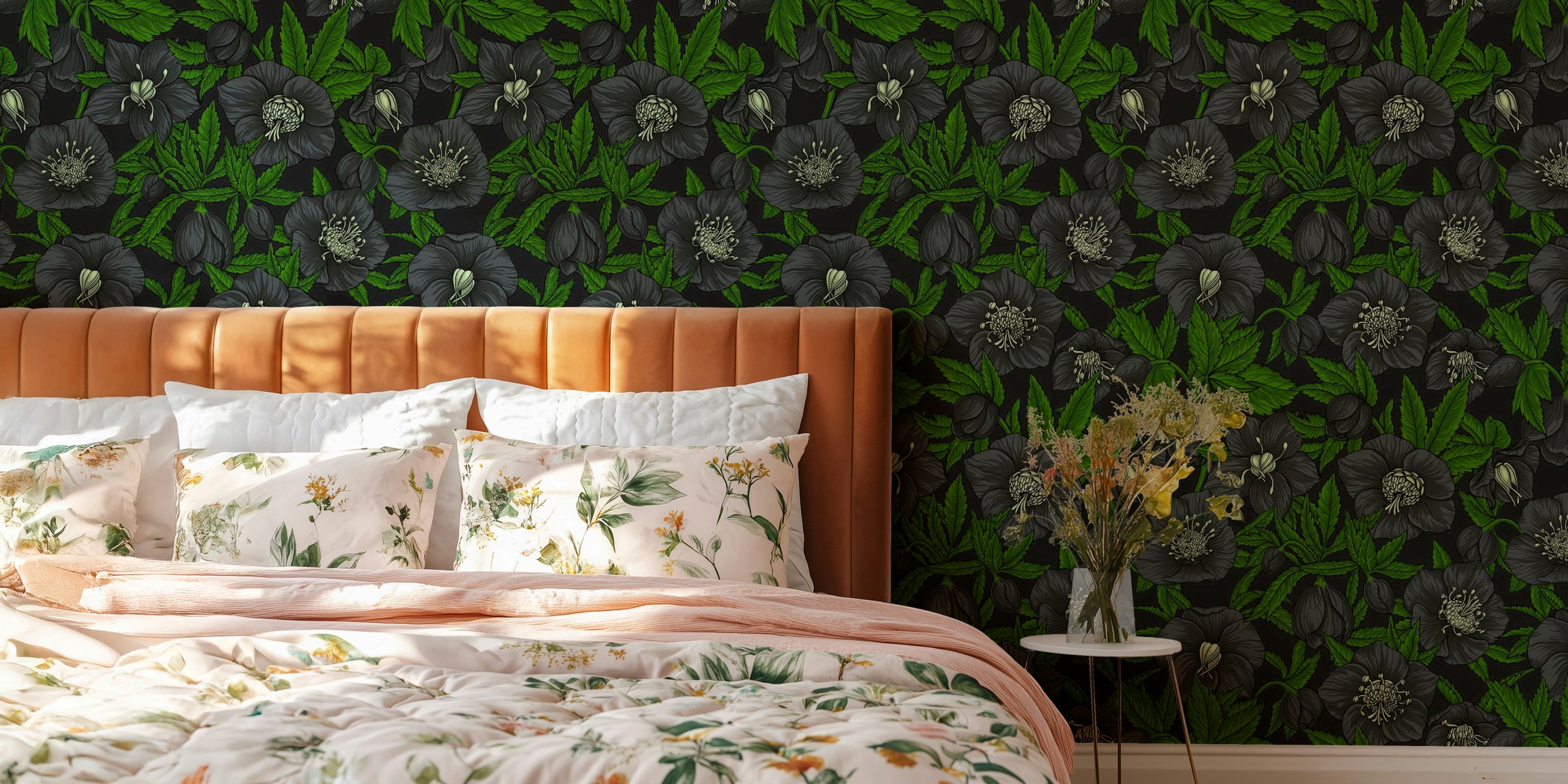 Black floral wallpaper with hellebores and green leaves in intricate design
