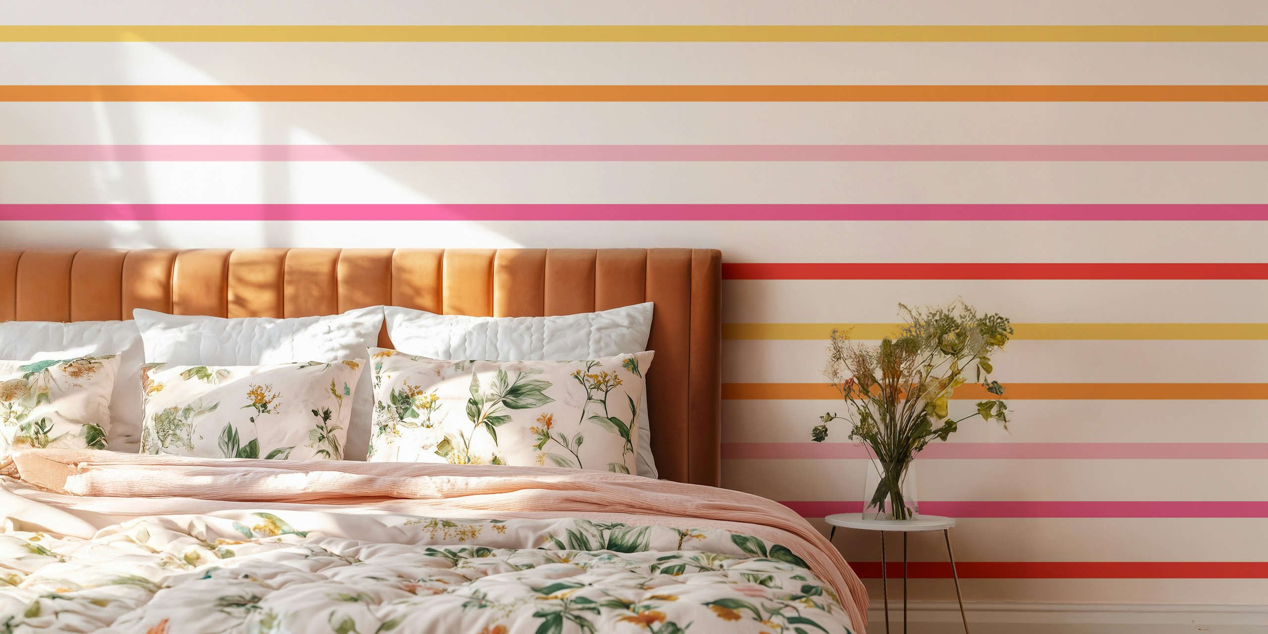 Pastel-striped wall mural in soft shades of pink, coral, and beige