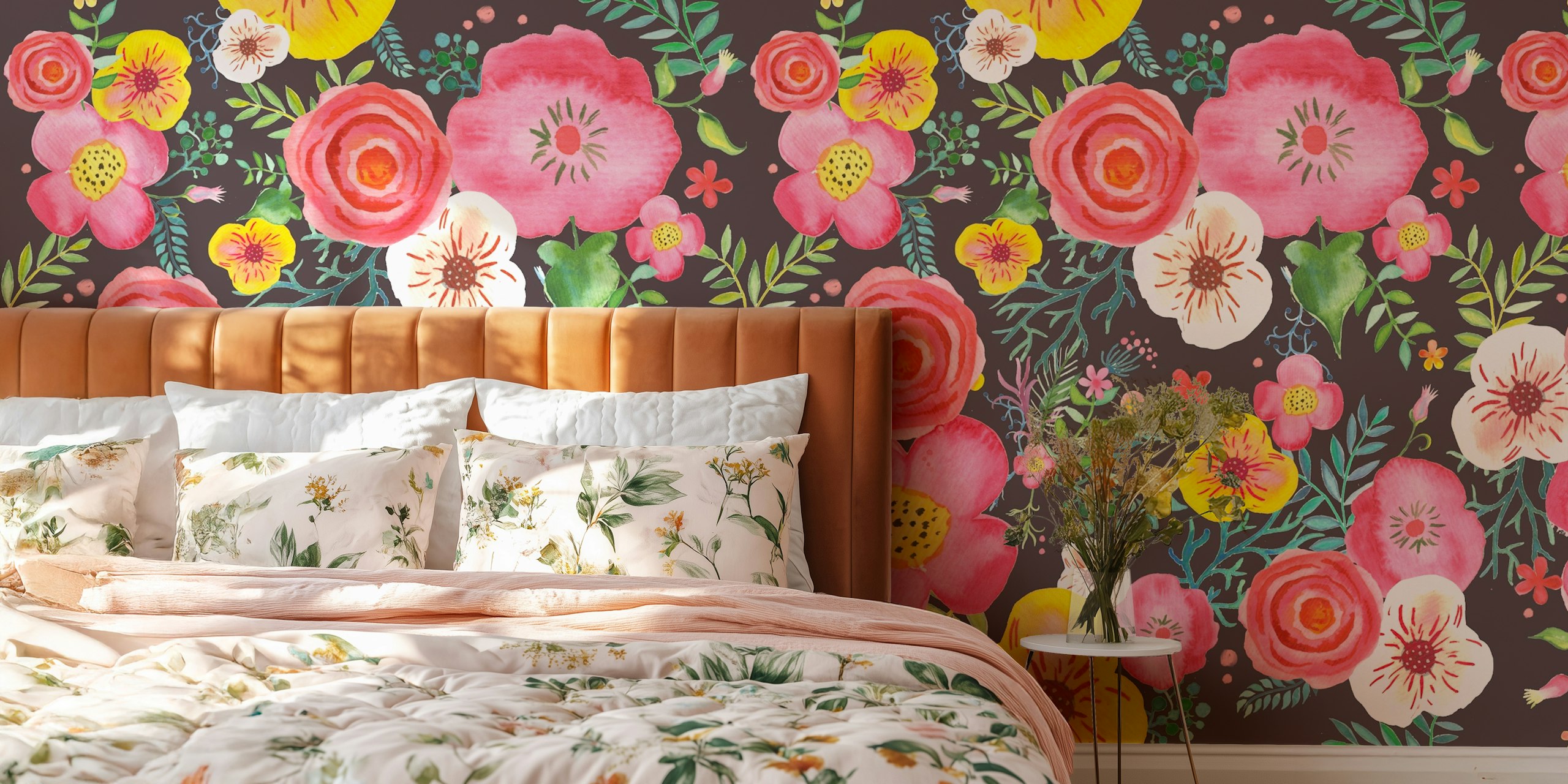 Colorful garden flowers in pink, yellow, and white on dark background wallpaper