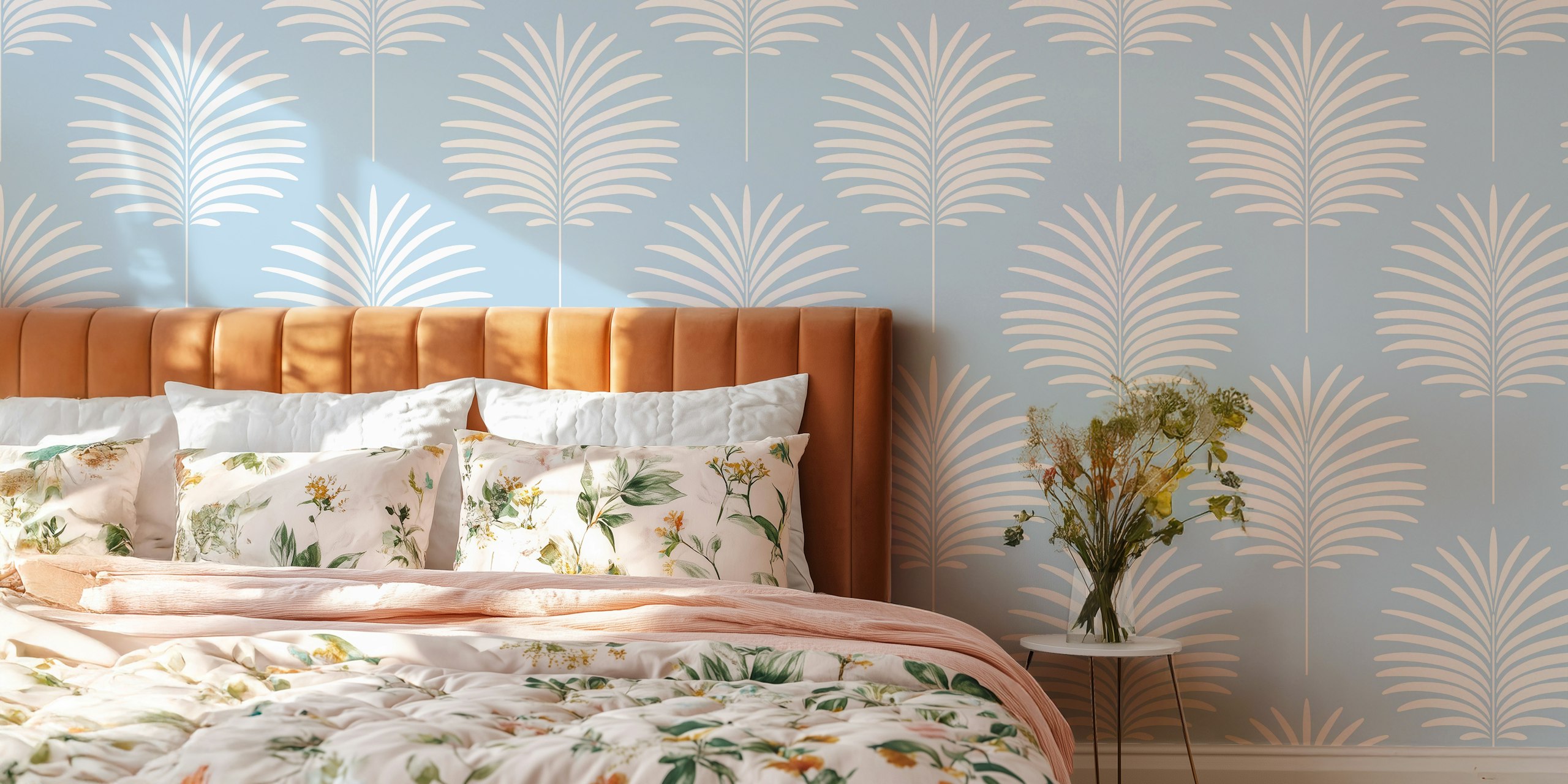 White palm leaves on a light blue background wallpaper