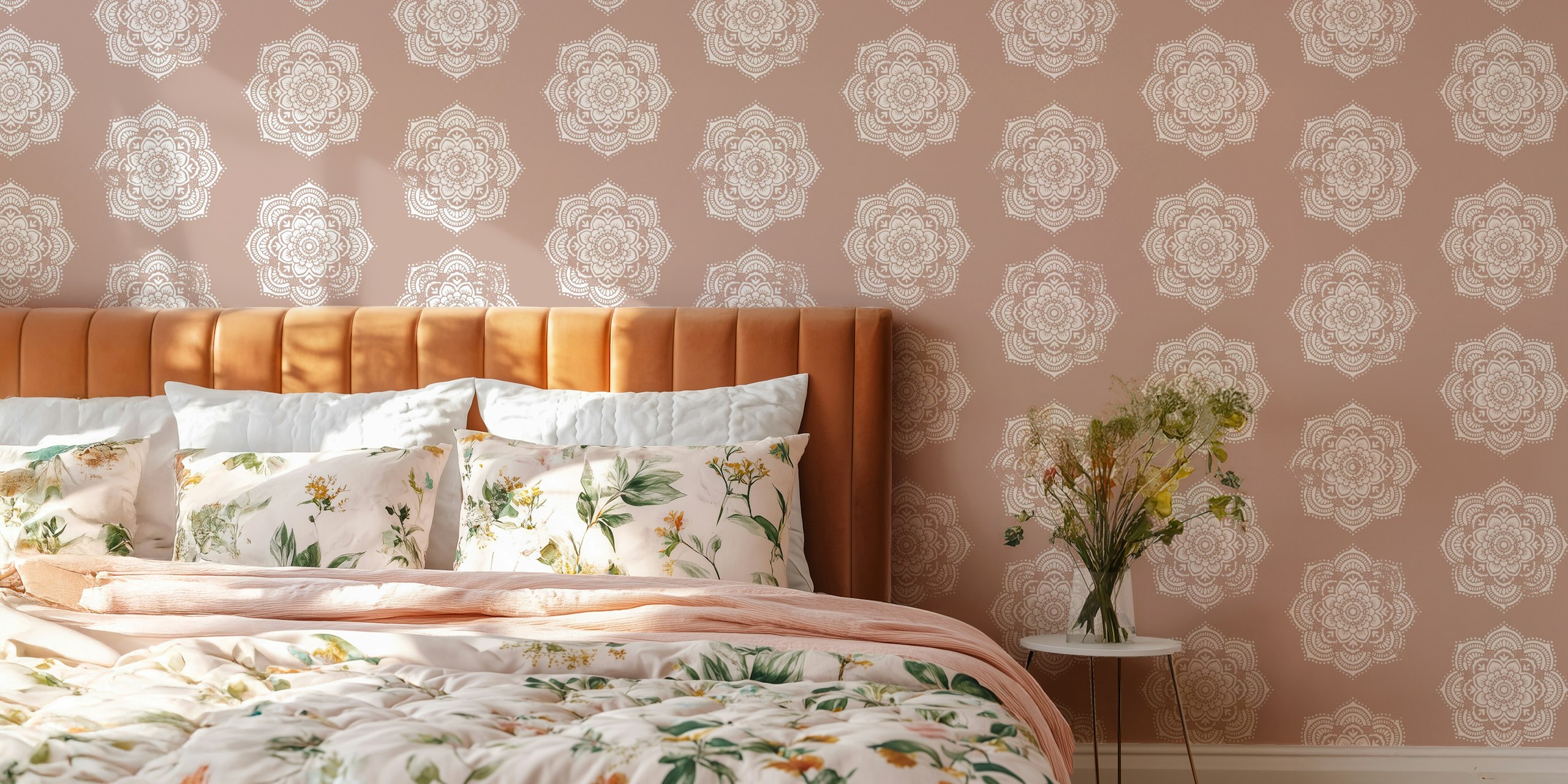 Beige floral mandala patterns on a muted background wallpaper
