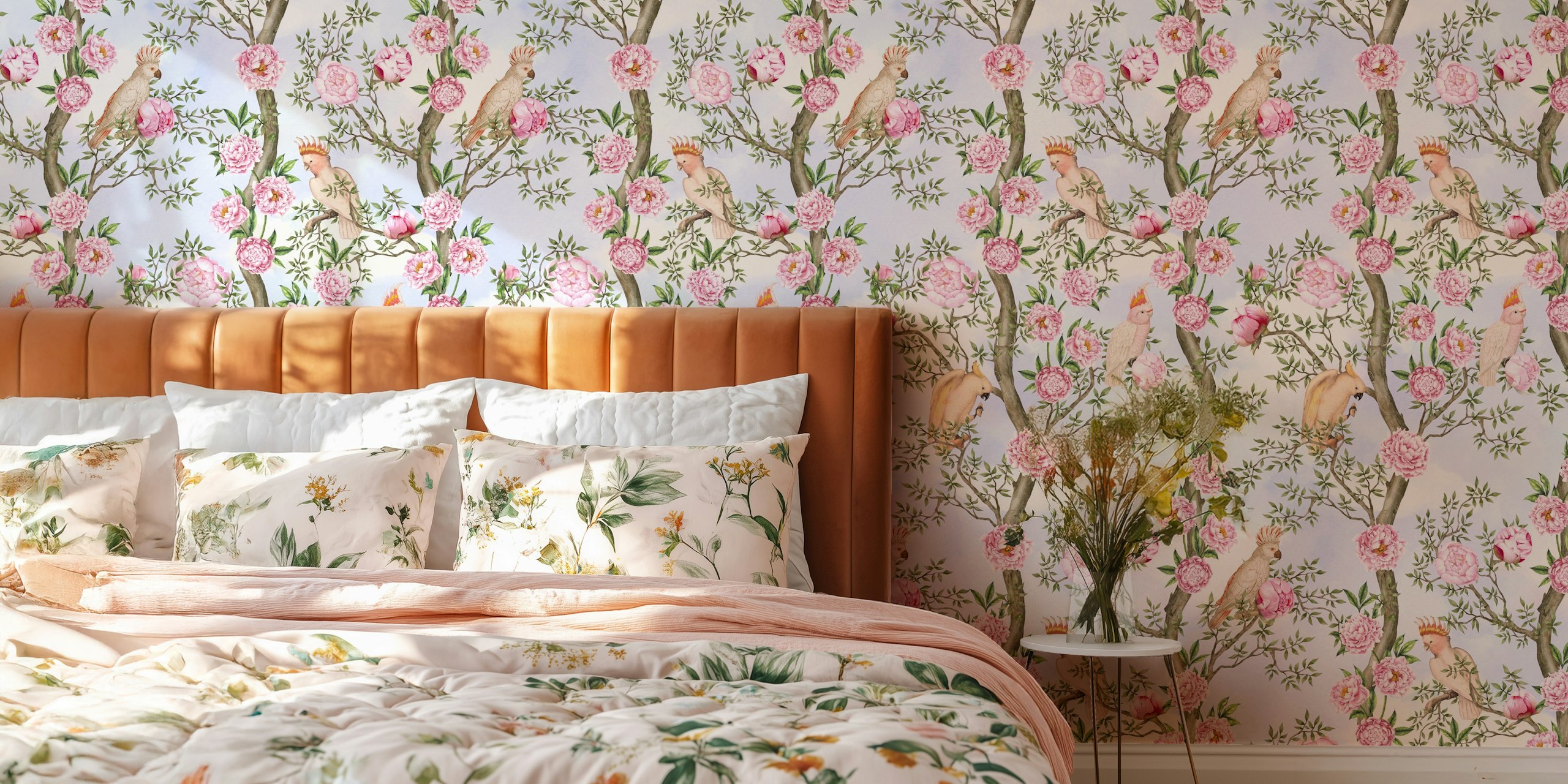 Fotomural vinílico de parede estilo chinoiserie com pássaros e peônias rosa em galhos de árvores contra um fundo azul claro.