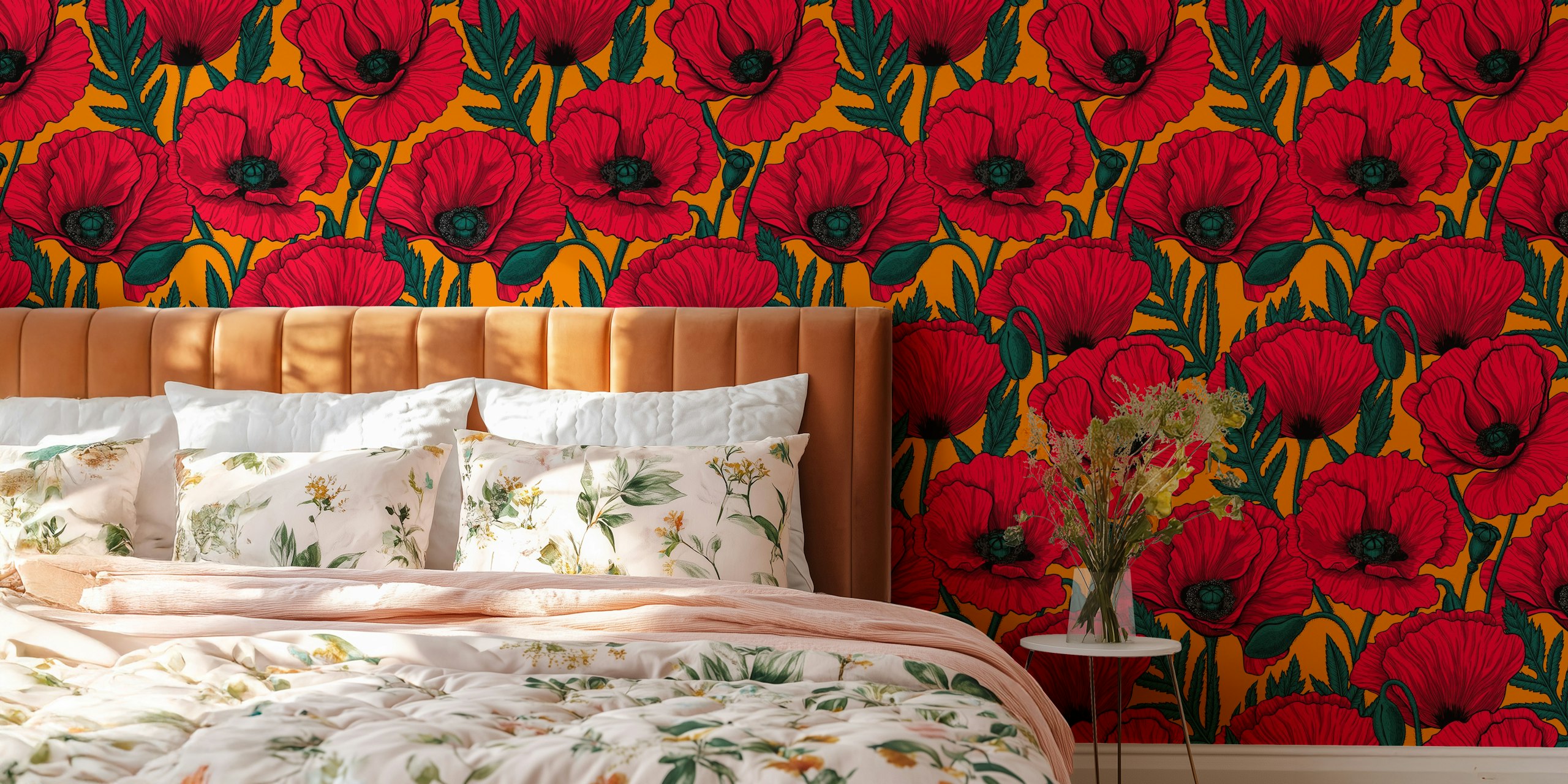 Papel de parede Red poppy garden exibido em um quarto
