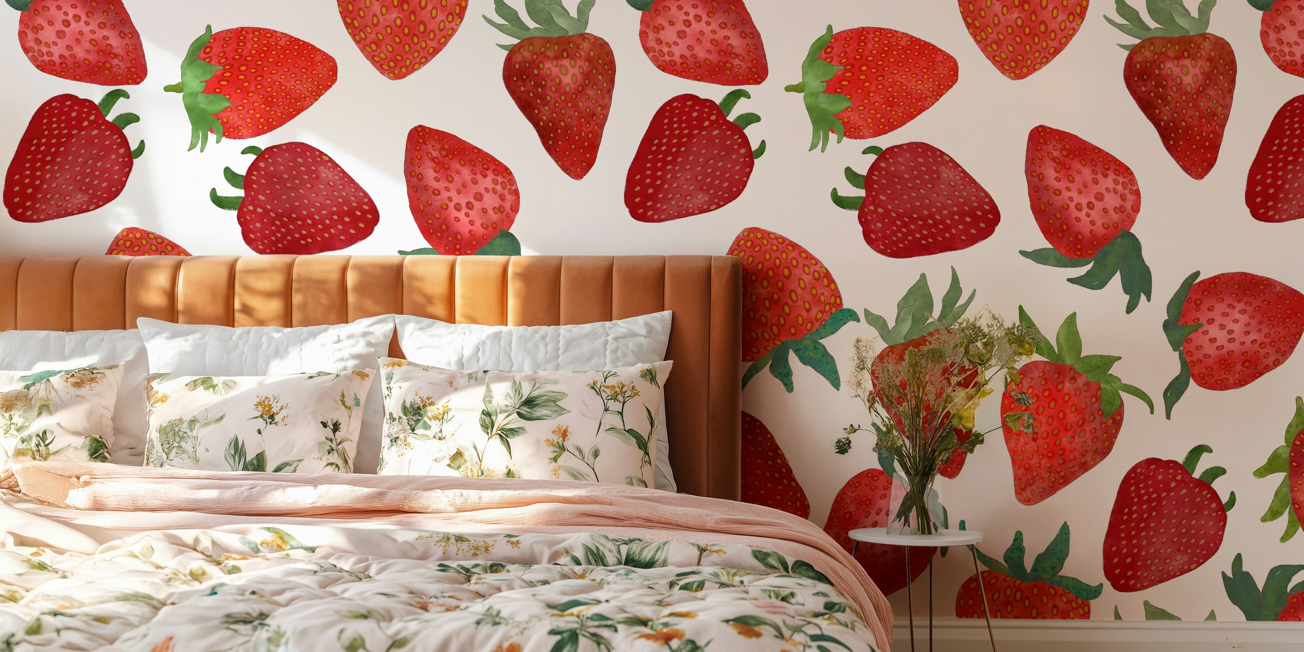 Watercolor strawberries in red with green leaves wallpaper
