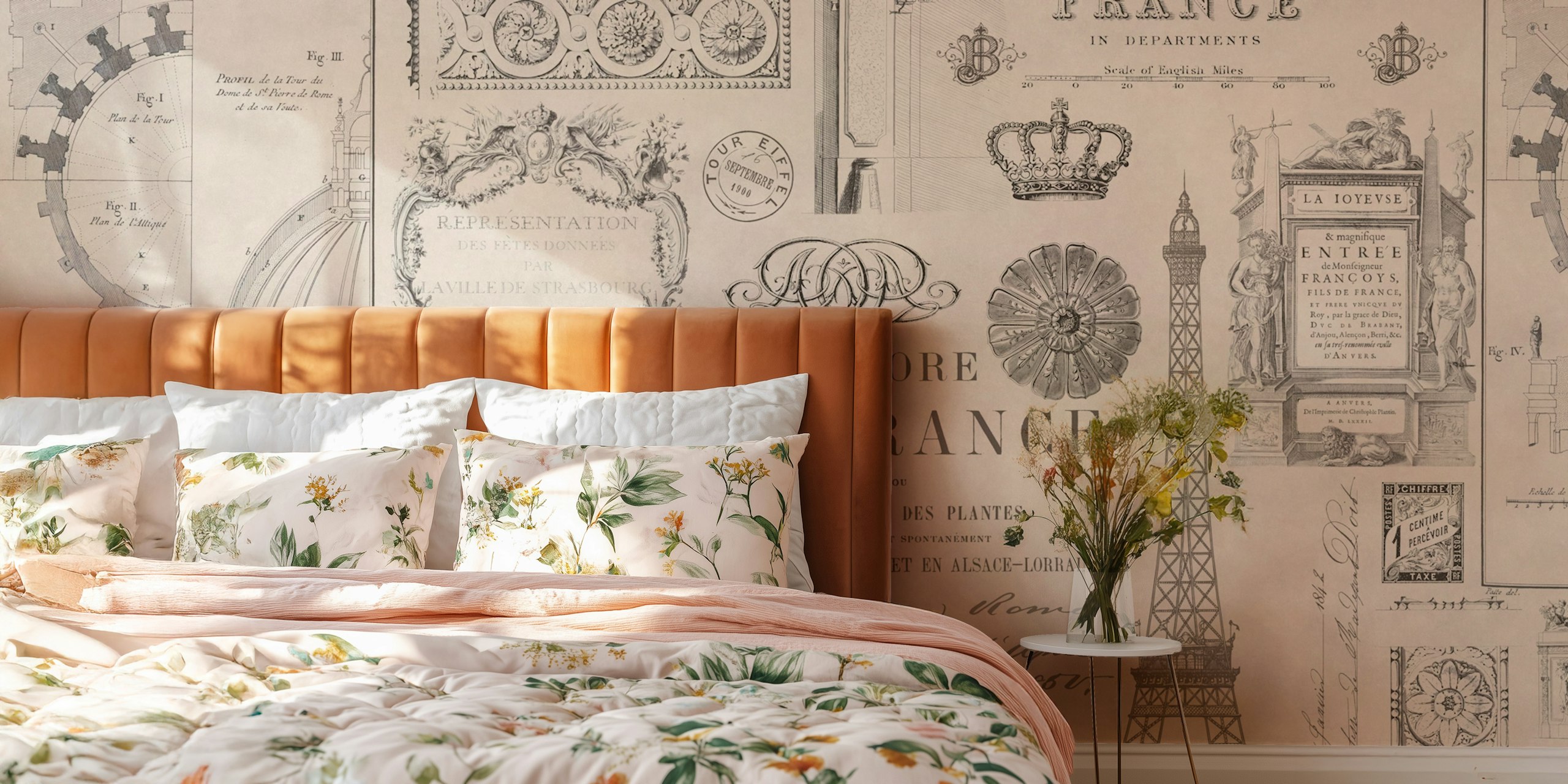 Carta da parati estetica vintage con iconica architettura francese ed elementi decorativi classici