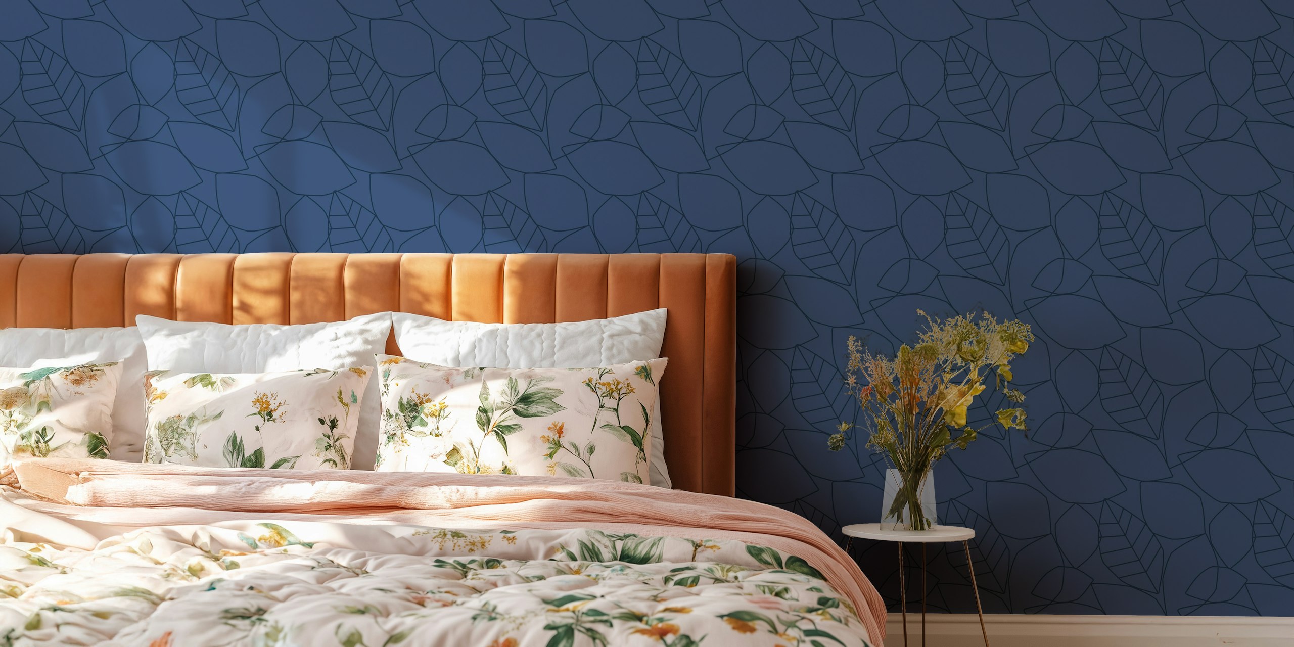 Navy blue abstract leaves pattern wallpaper