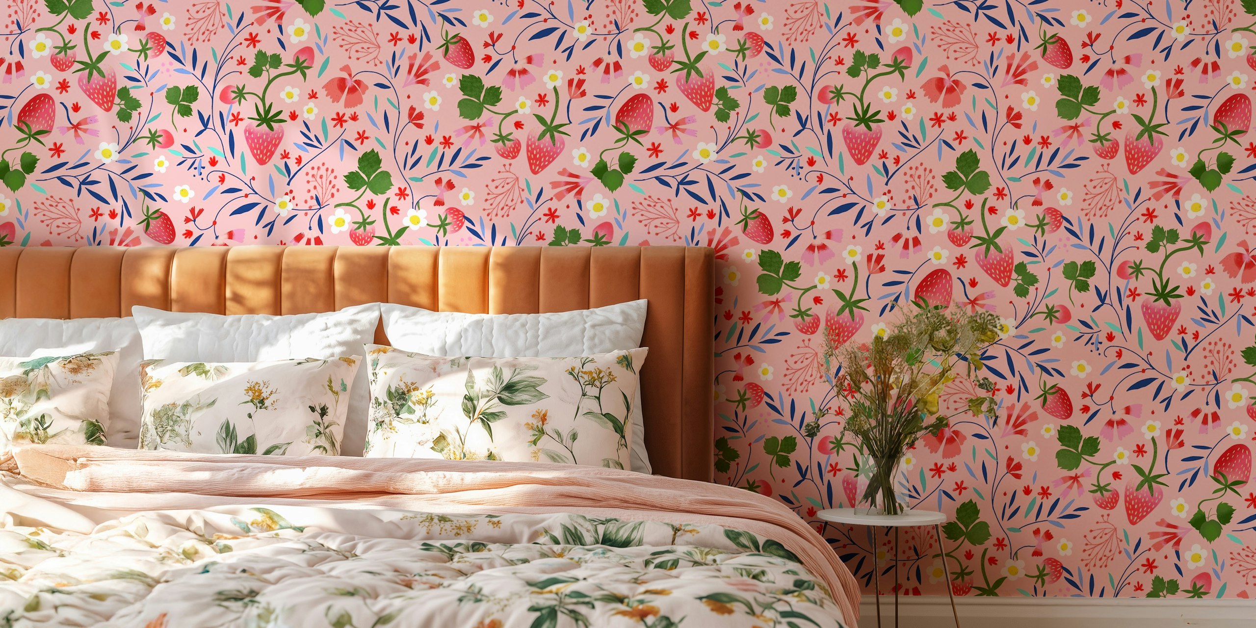 Strawberry floral wallpaper design