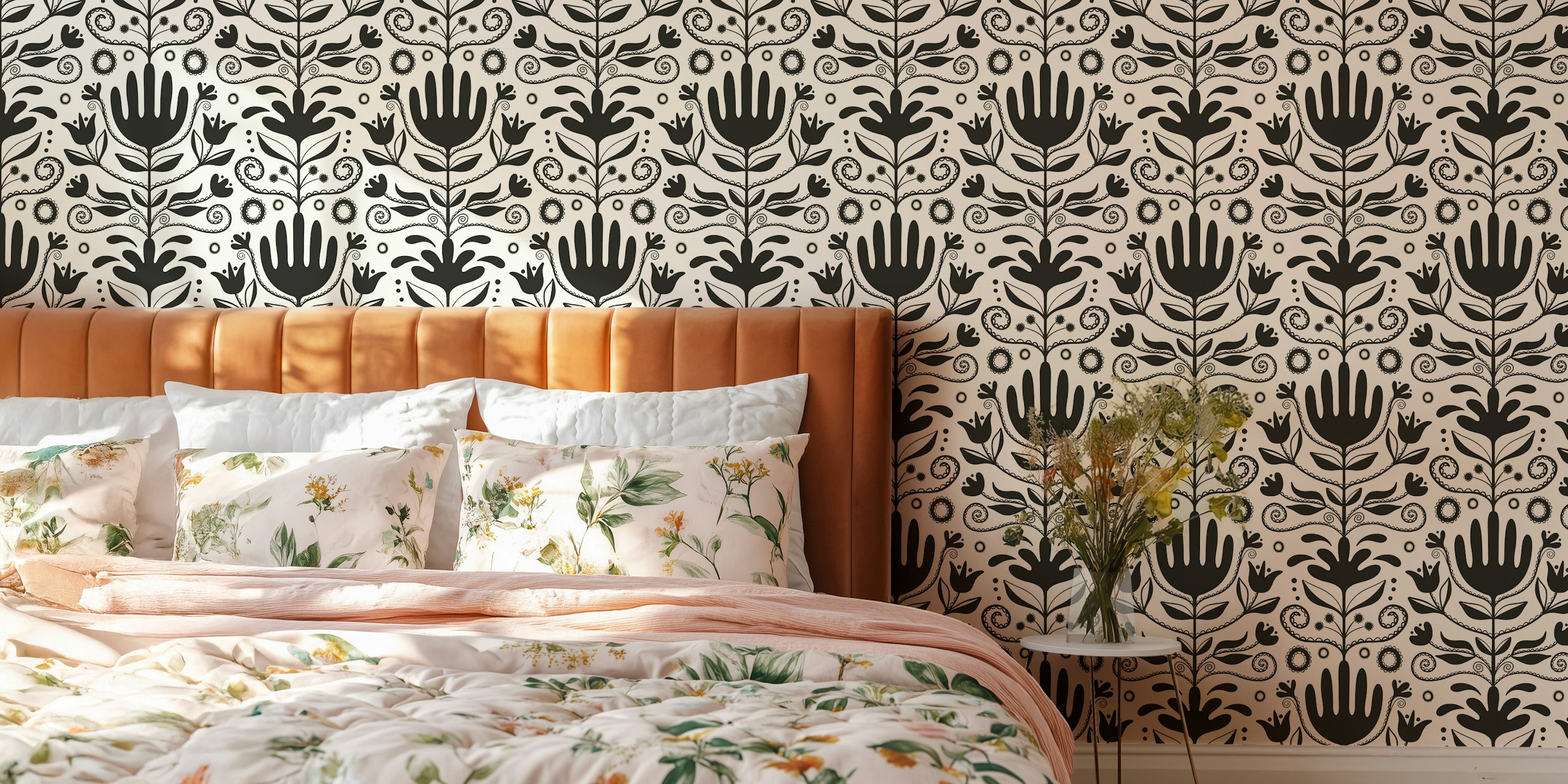 Nordic floral black wallpaper in a room