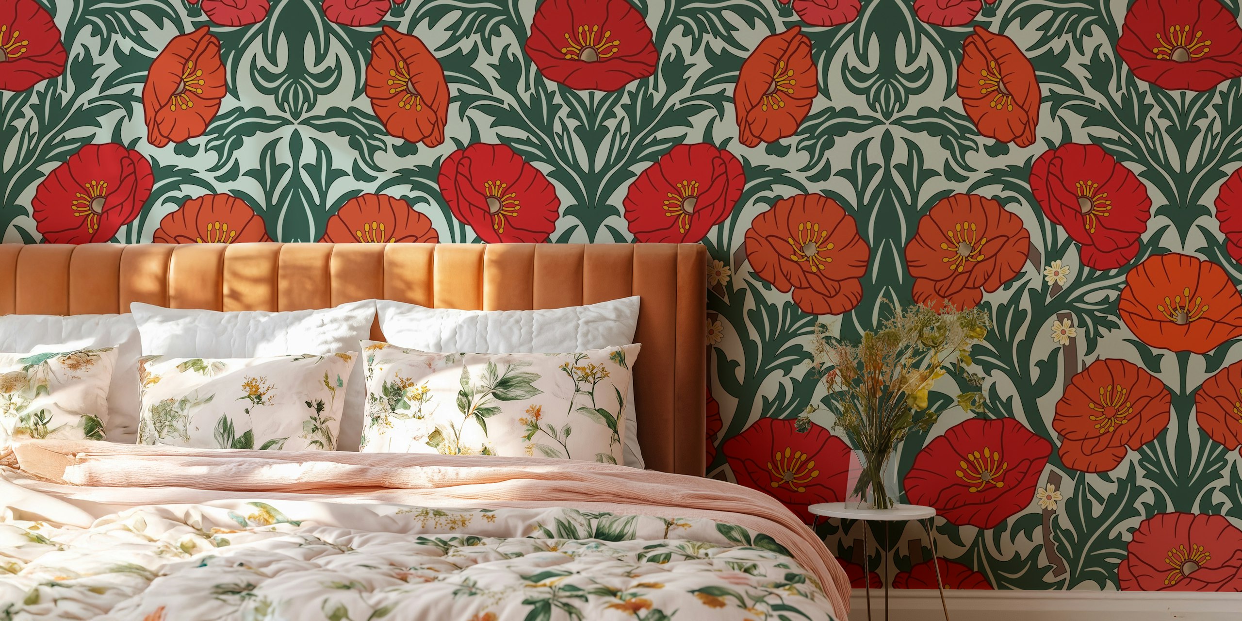 Retro-style wall mural featuring red poppies and Art Nouveau motifs against a green backdrop.