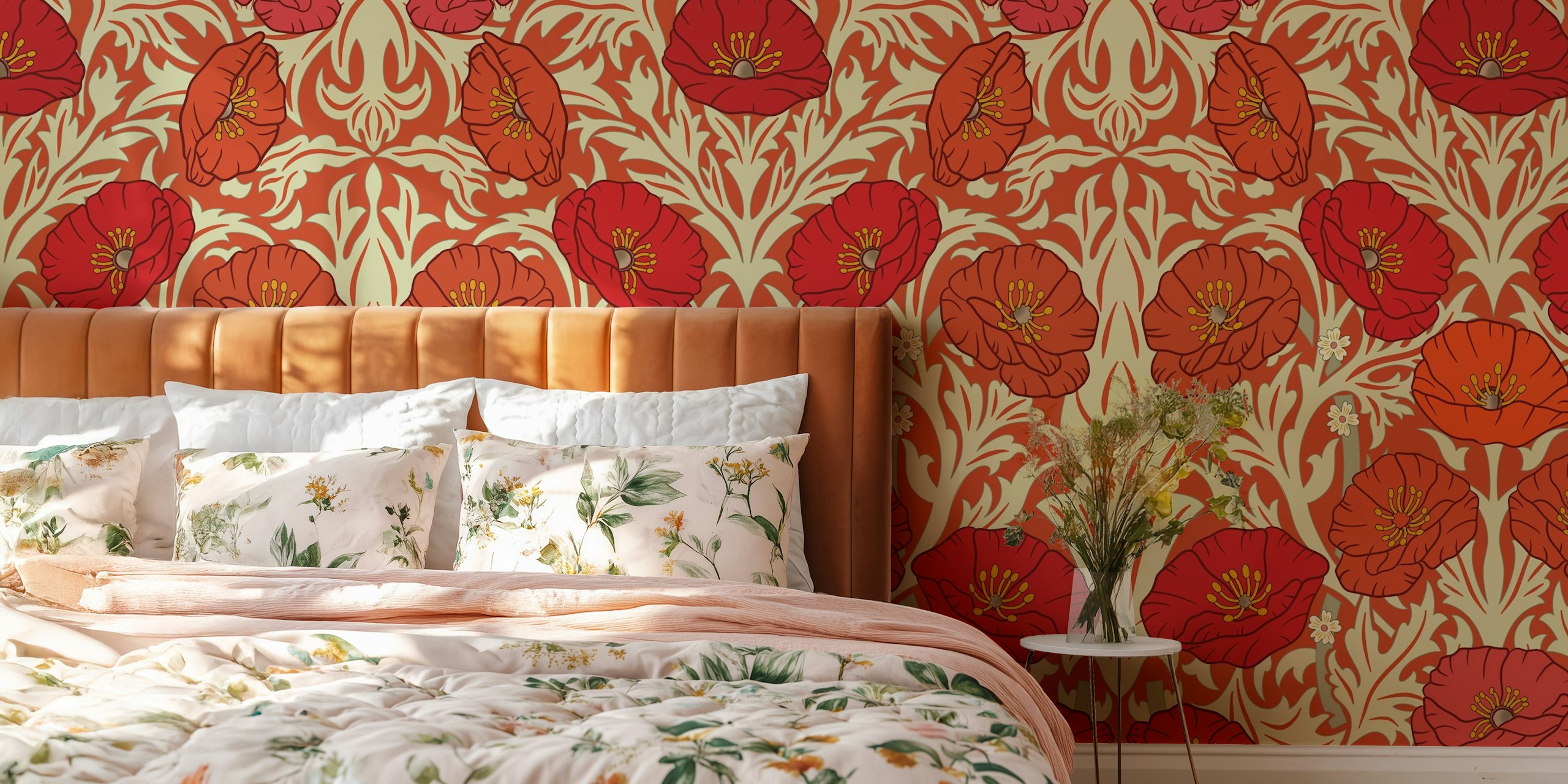 Väggmålning för röda vallmo i retrostil med utsmyckade mönster