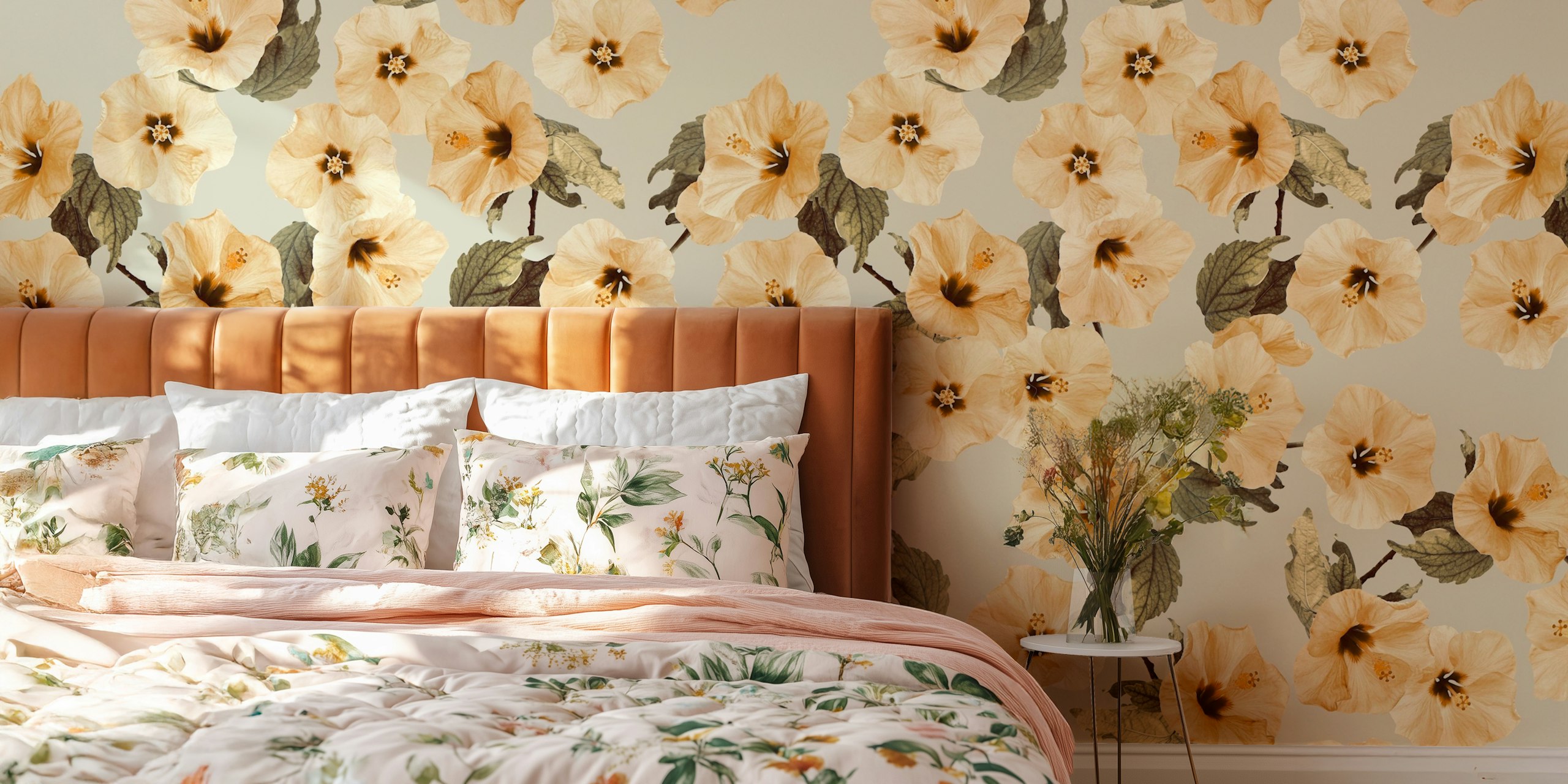 Golden flowers wallpaper design in a room