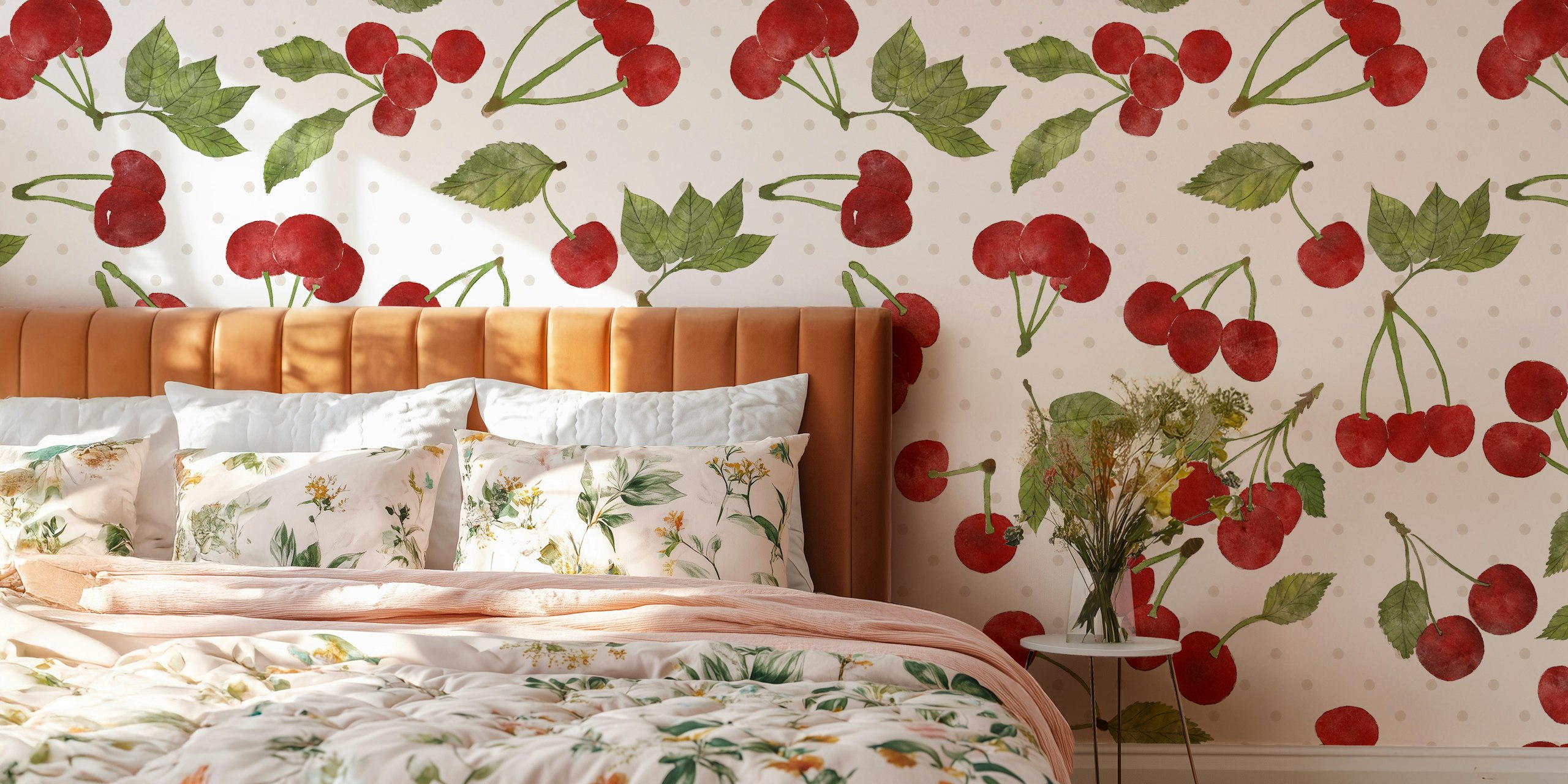 Red Watercolor Cherries Tapete in einem Zimmer