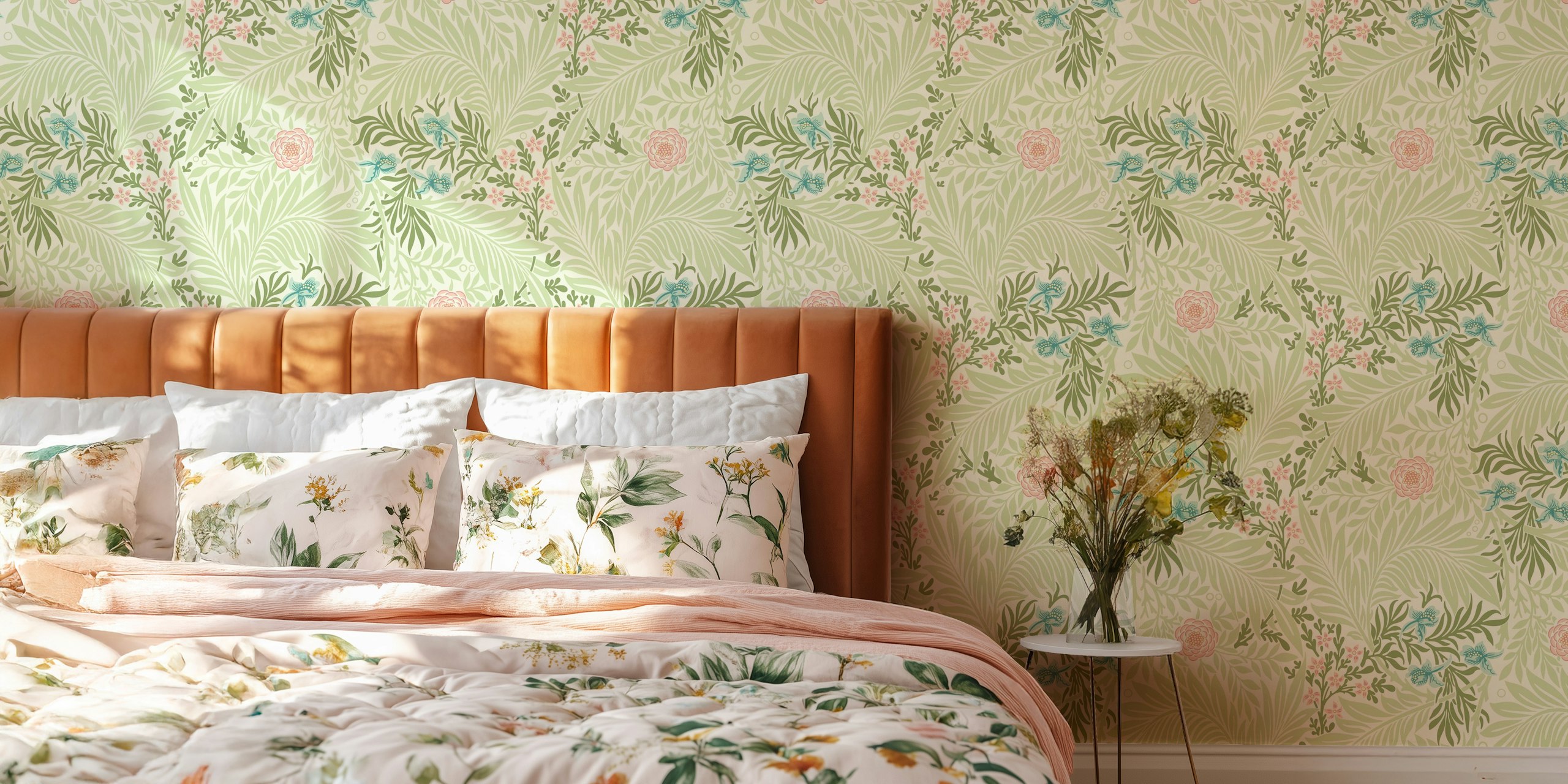 Victorian Larkspur pattern wall mural with soft pastels and botanical motifs