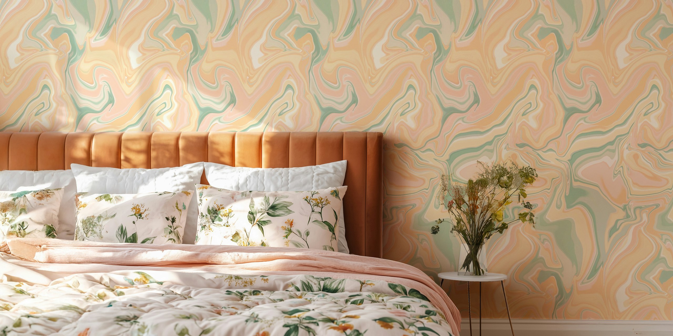 Pastel marble wallpaper with swirls of peach, mint green, and cream. Abstract design wallpaper