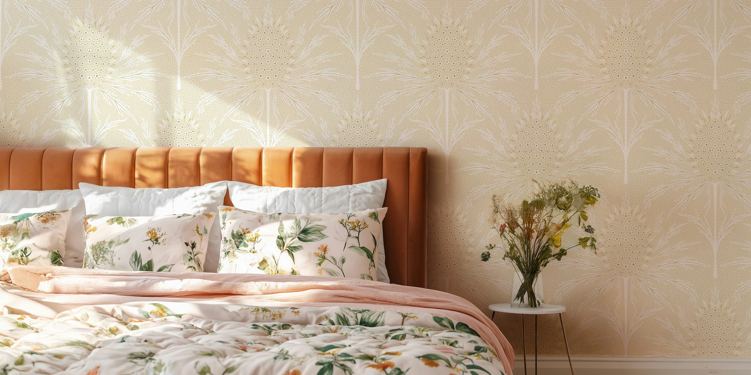 Beige floral wallpaper with intricate white thistle design