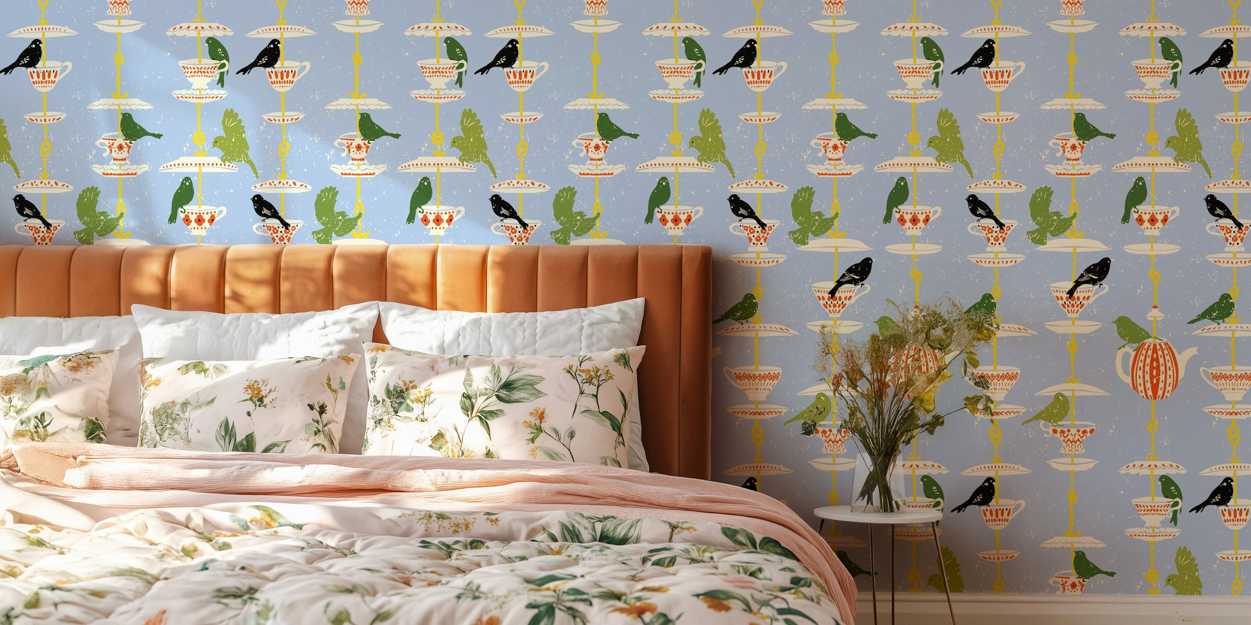 Garden Bird feeding summer blue wallpaper in a room