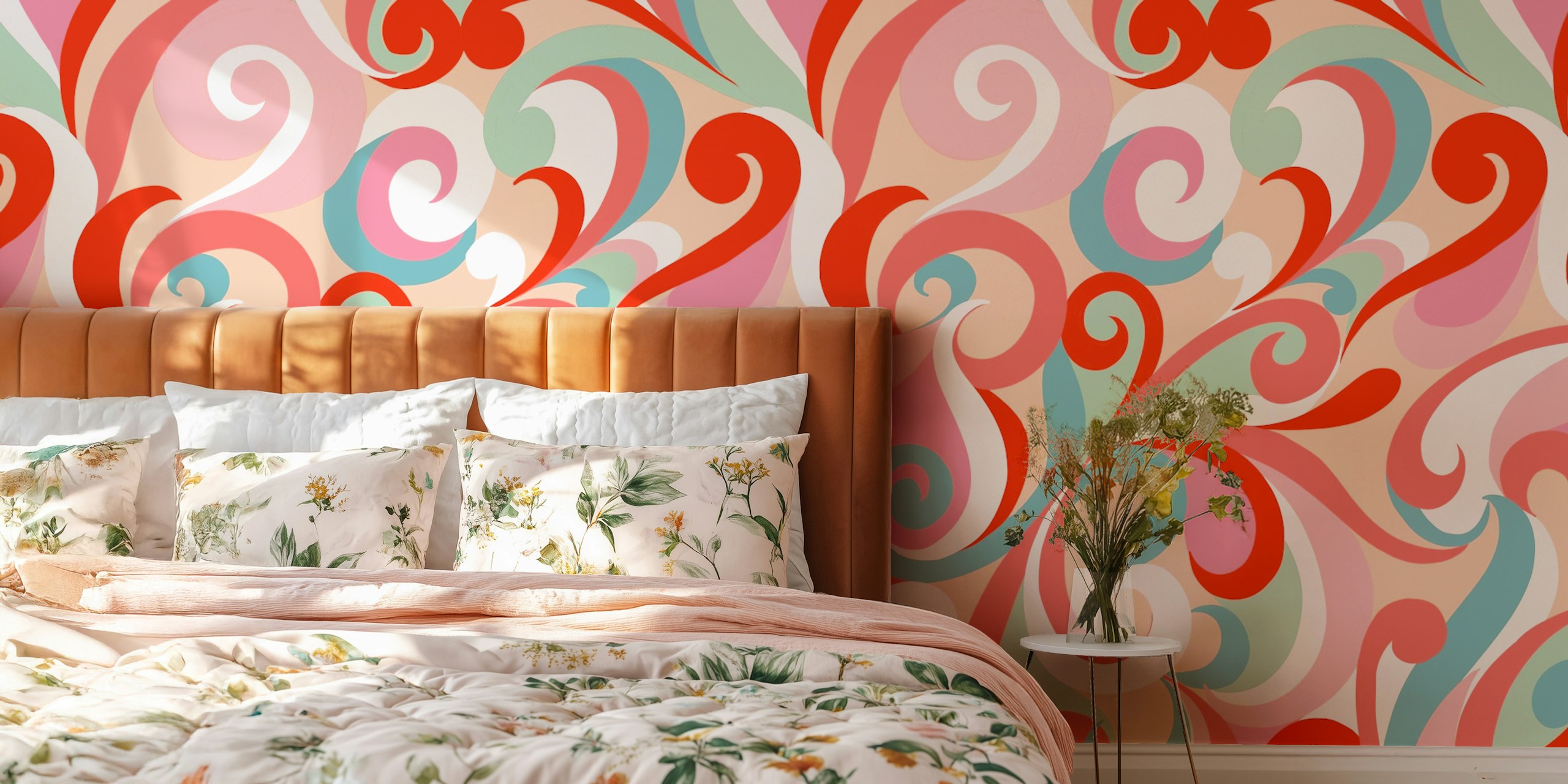 Flourish and swirls pink red wallpaper in a room