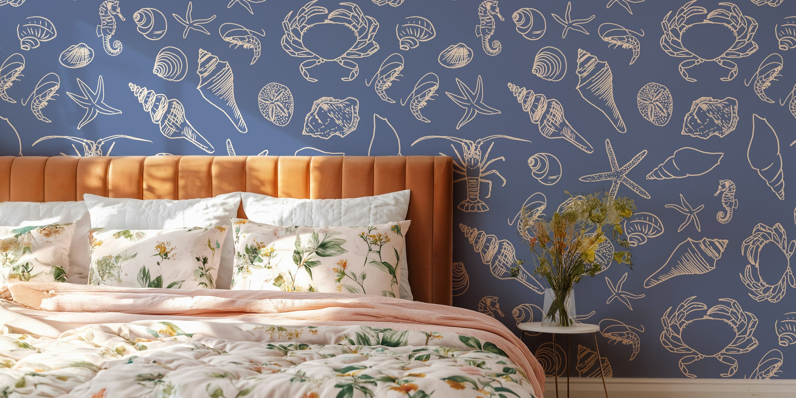 Seahorse, crab, and shell patterns on blue wallpaper