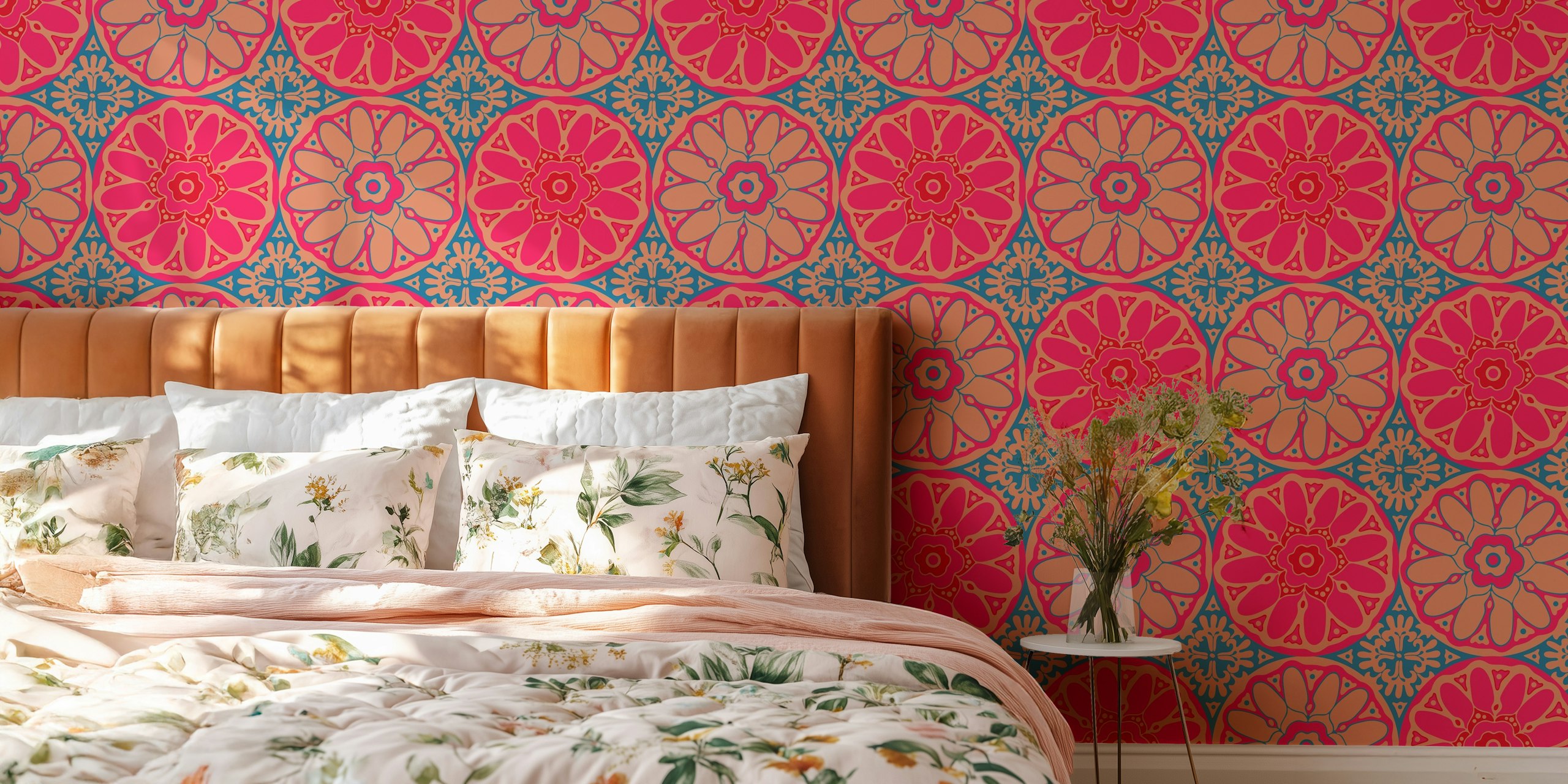 Pink blue mandala wallpaper in a stylish room