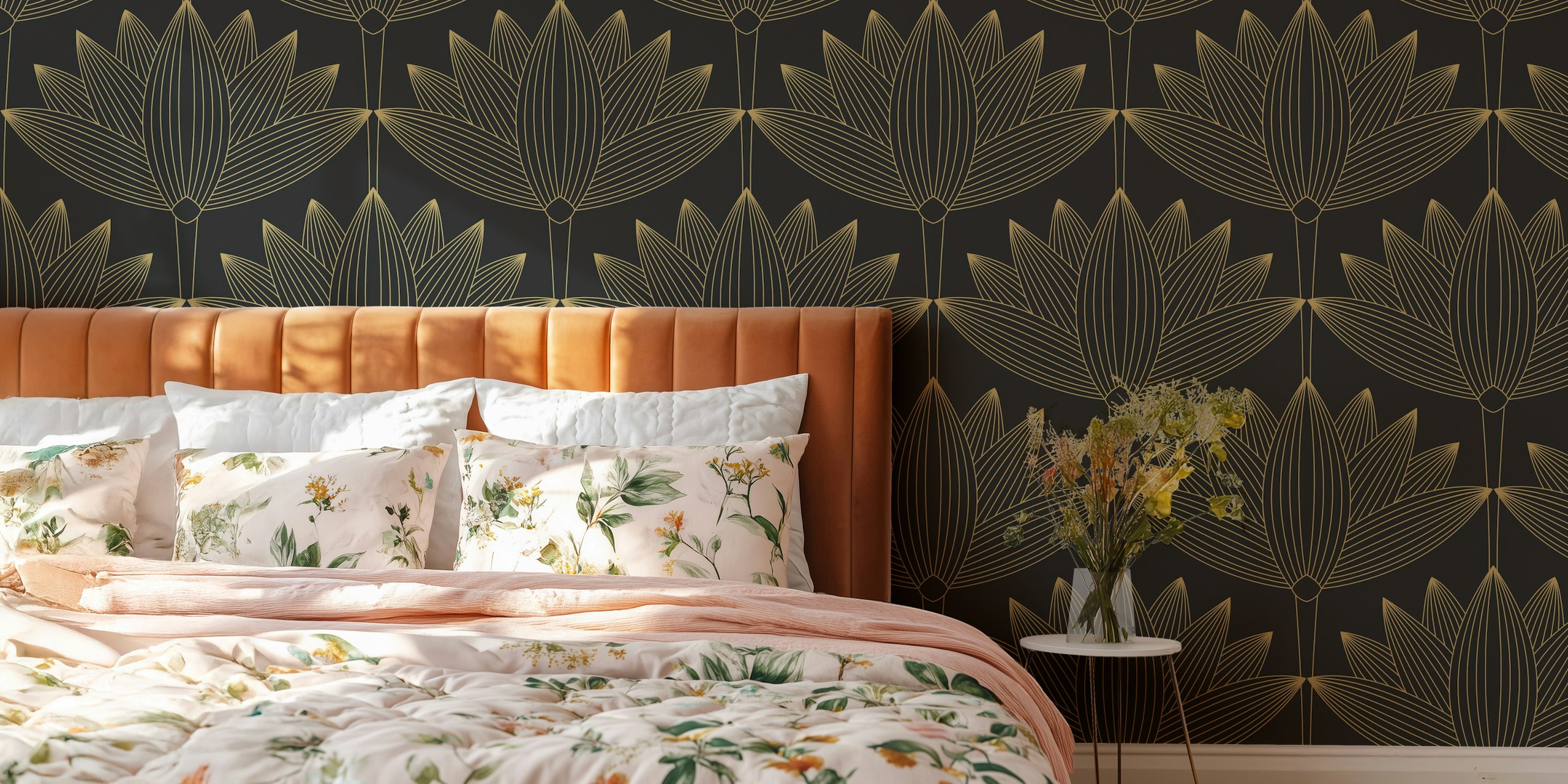Lotus Art Deco black and gold wallpaper in a room