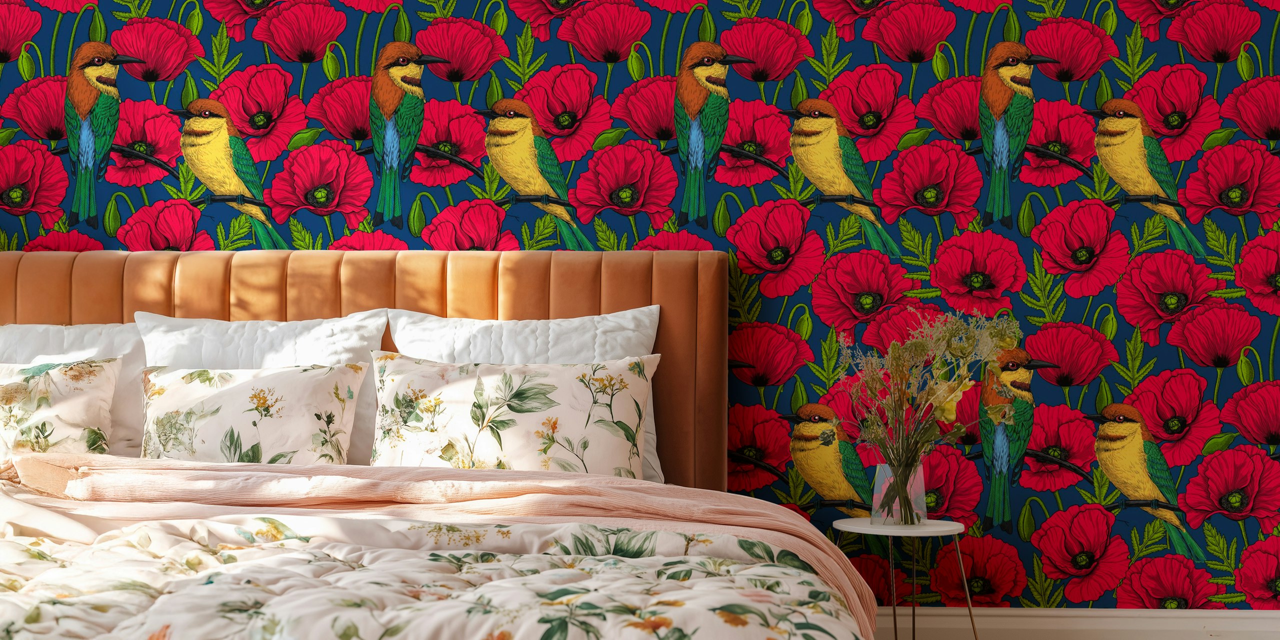Bee eaters and red poppies on dark blue background wallpaper