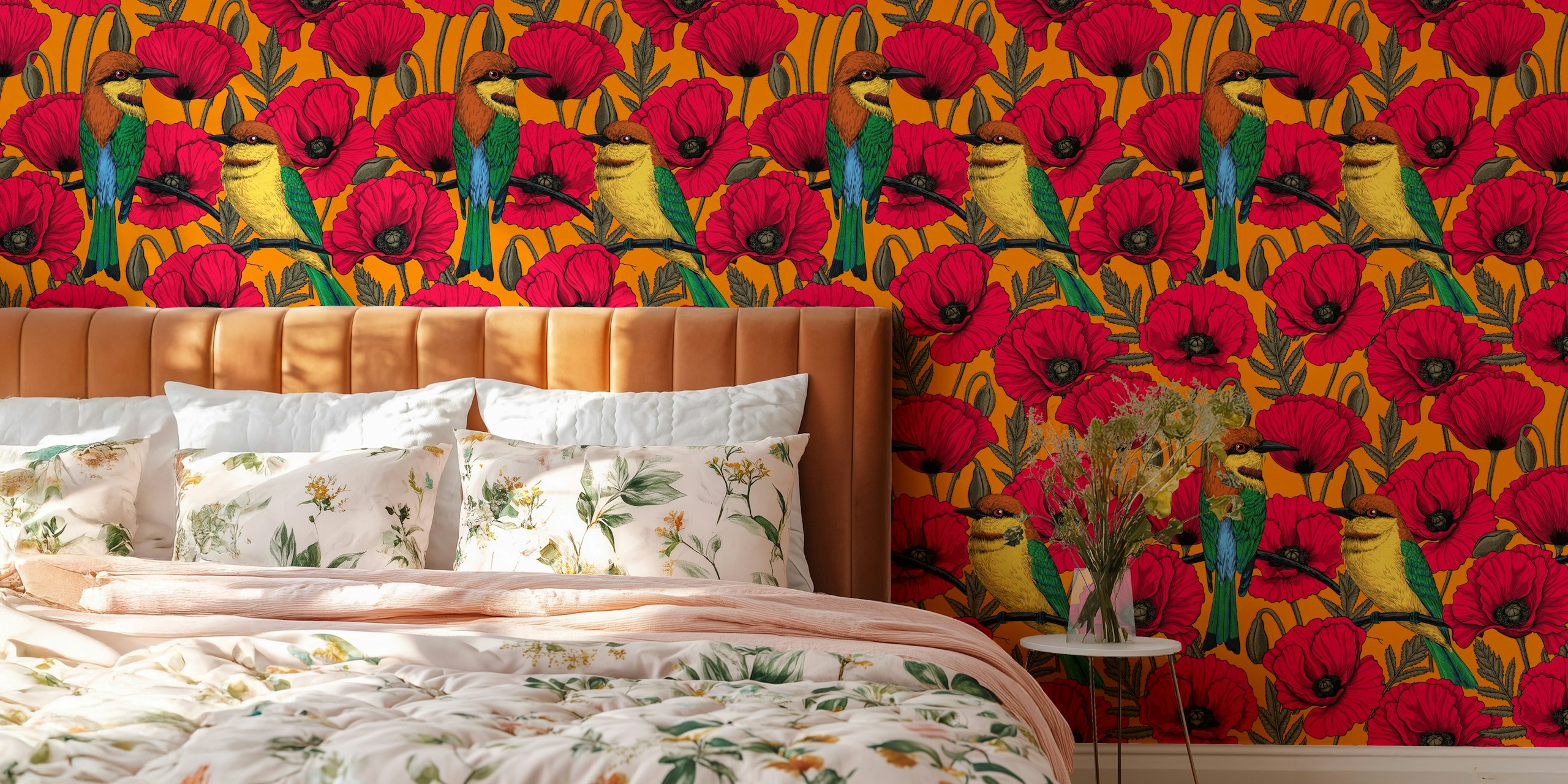 Bee eaters and poppies wallpaper design