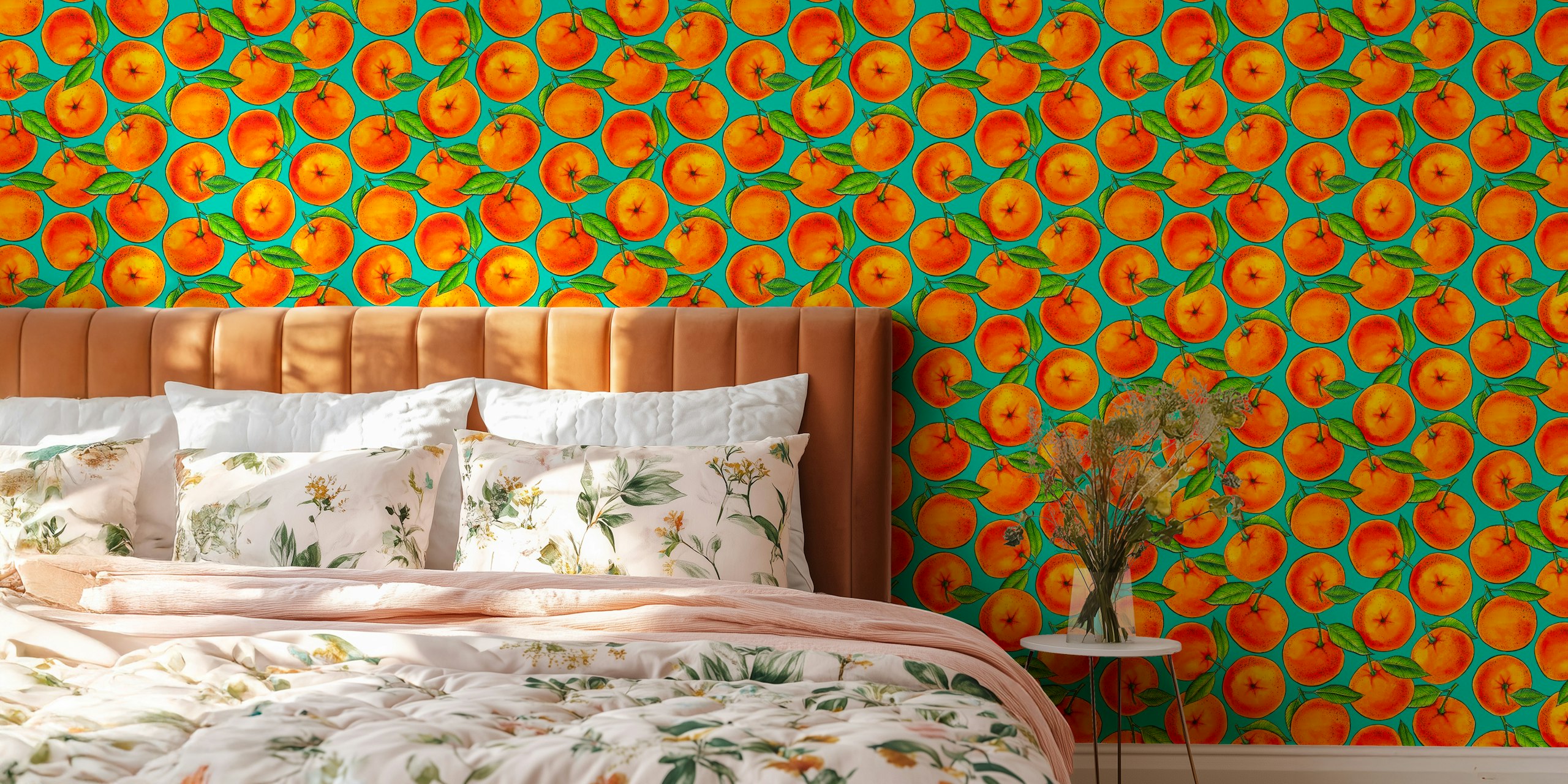 Oranges with green leaves on a turquoise background wallpaper