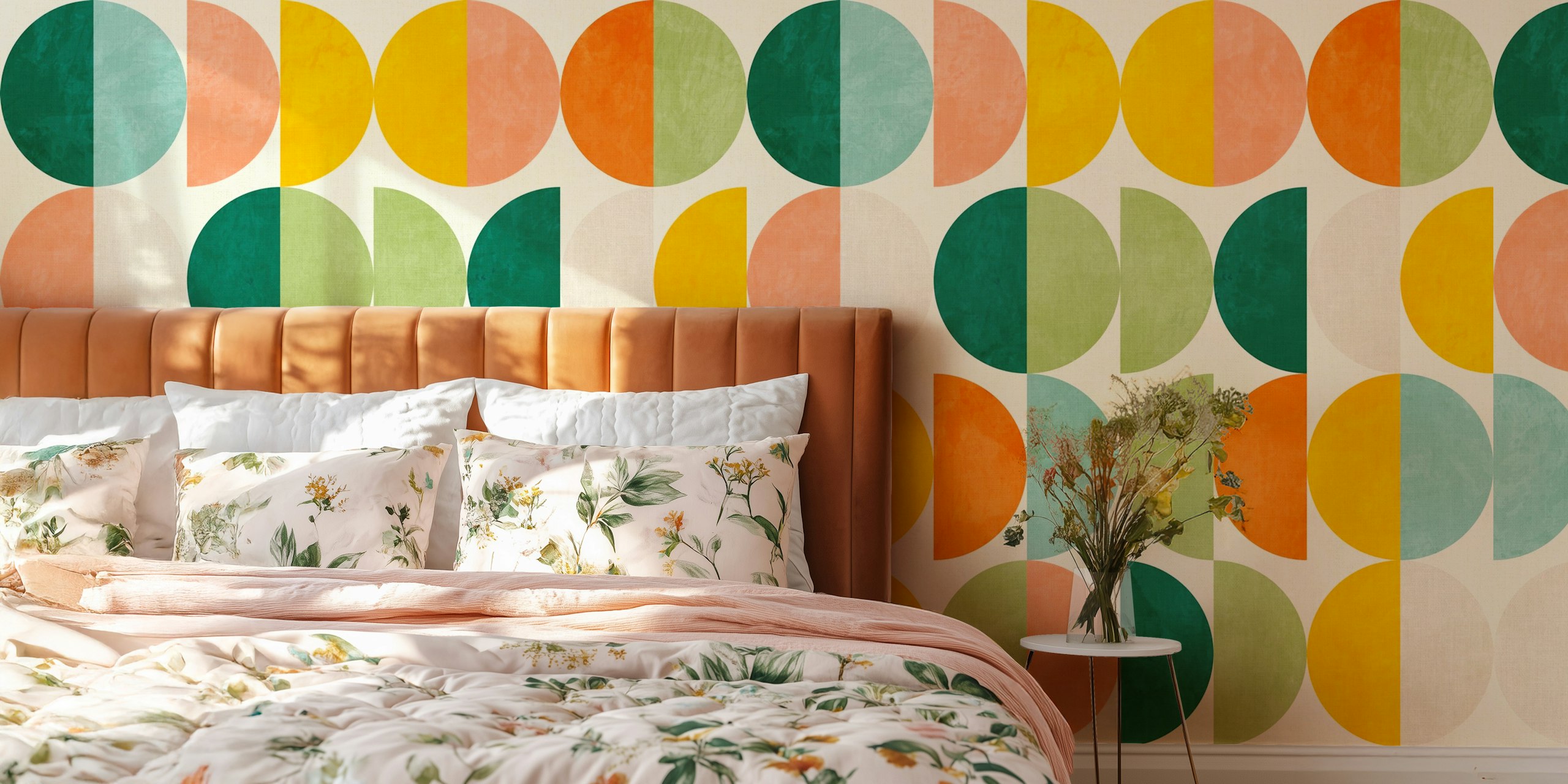 Colorful semicircles in orange, green, blue; geometric wallpaper