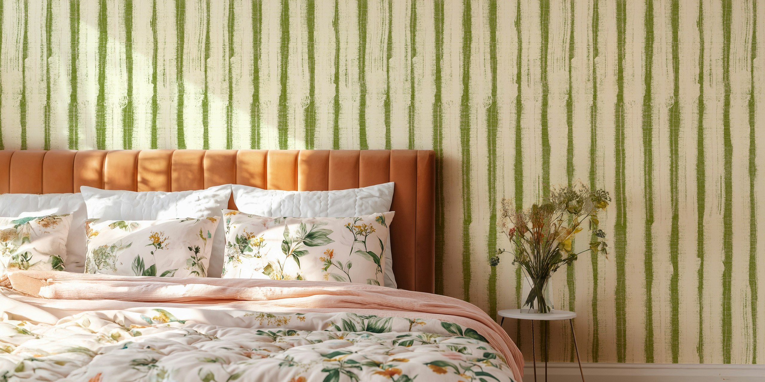 Green and cream striped wallpaper with textured pattern