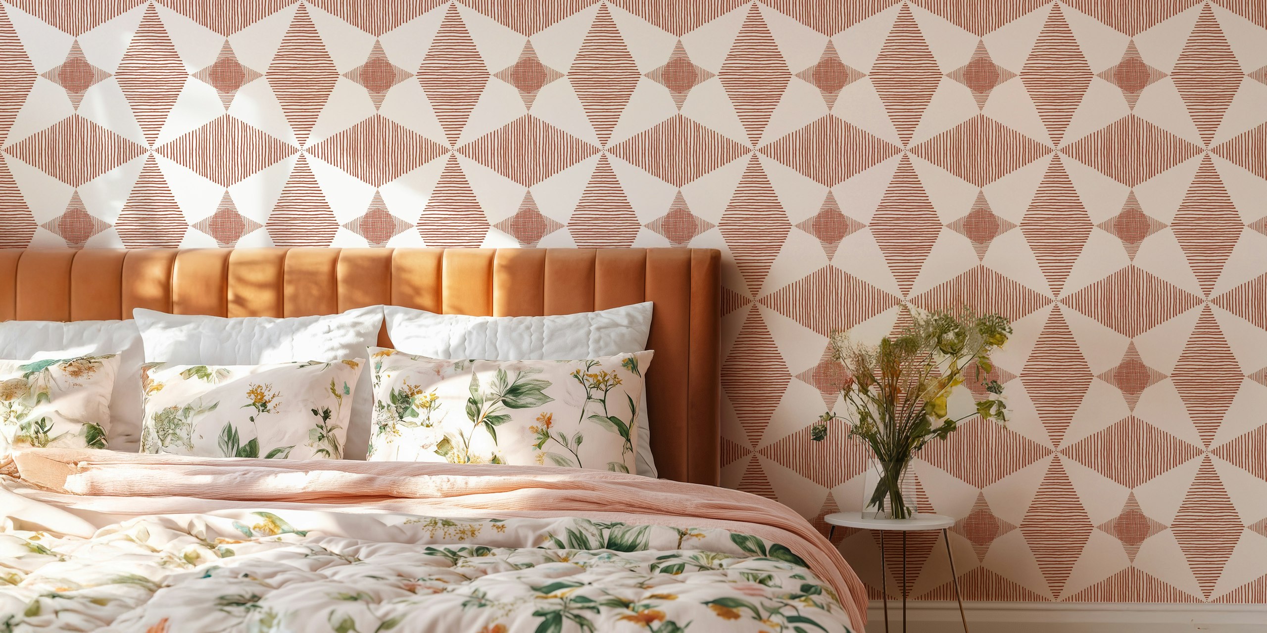 Rust striped geometric wallpaper in mid century modern style