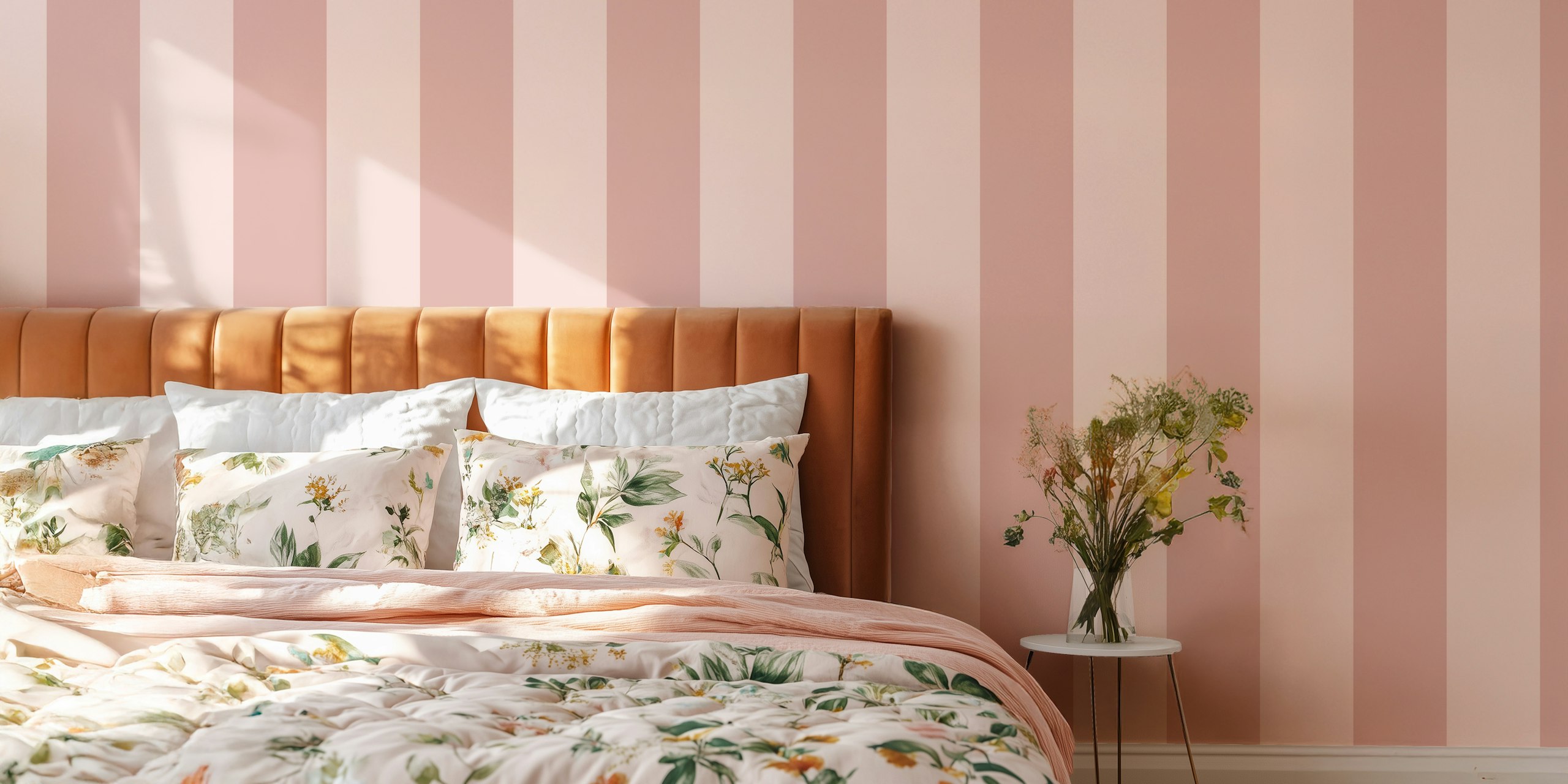 Monochrome dusty pink stripe wallpaper in a room