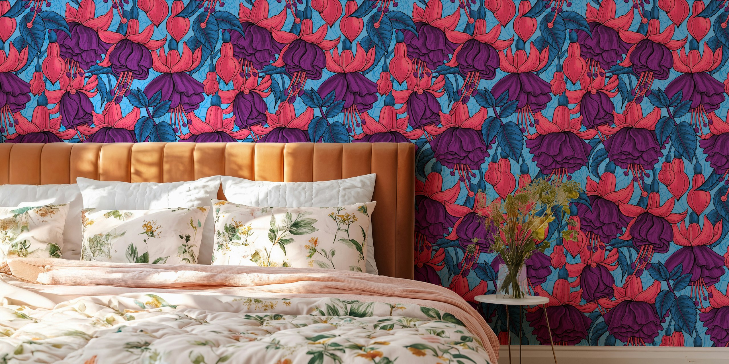 Fuchsia floral wallpaper in a room