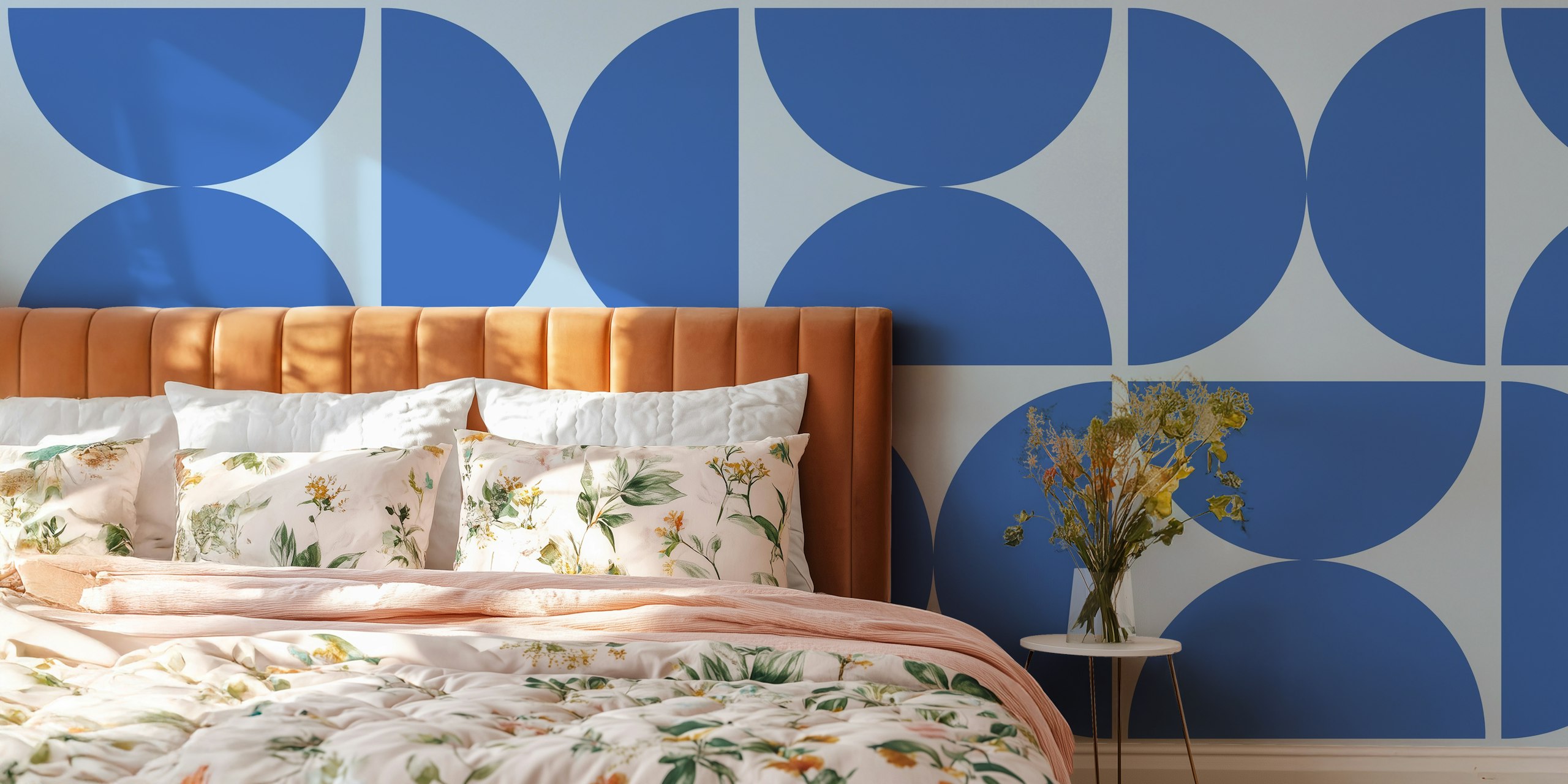 Geometric semicircle pattern in cobalt blue and air blue wallpaper
