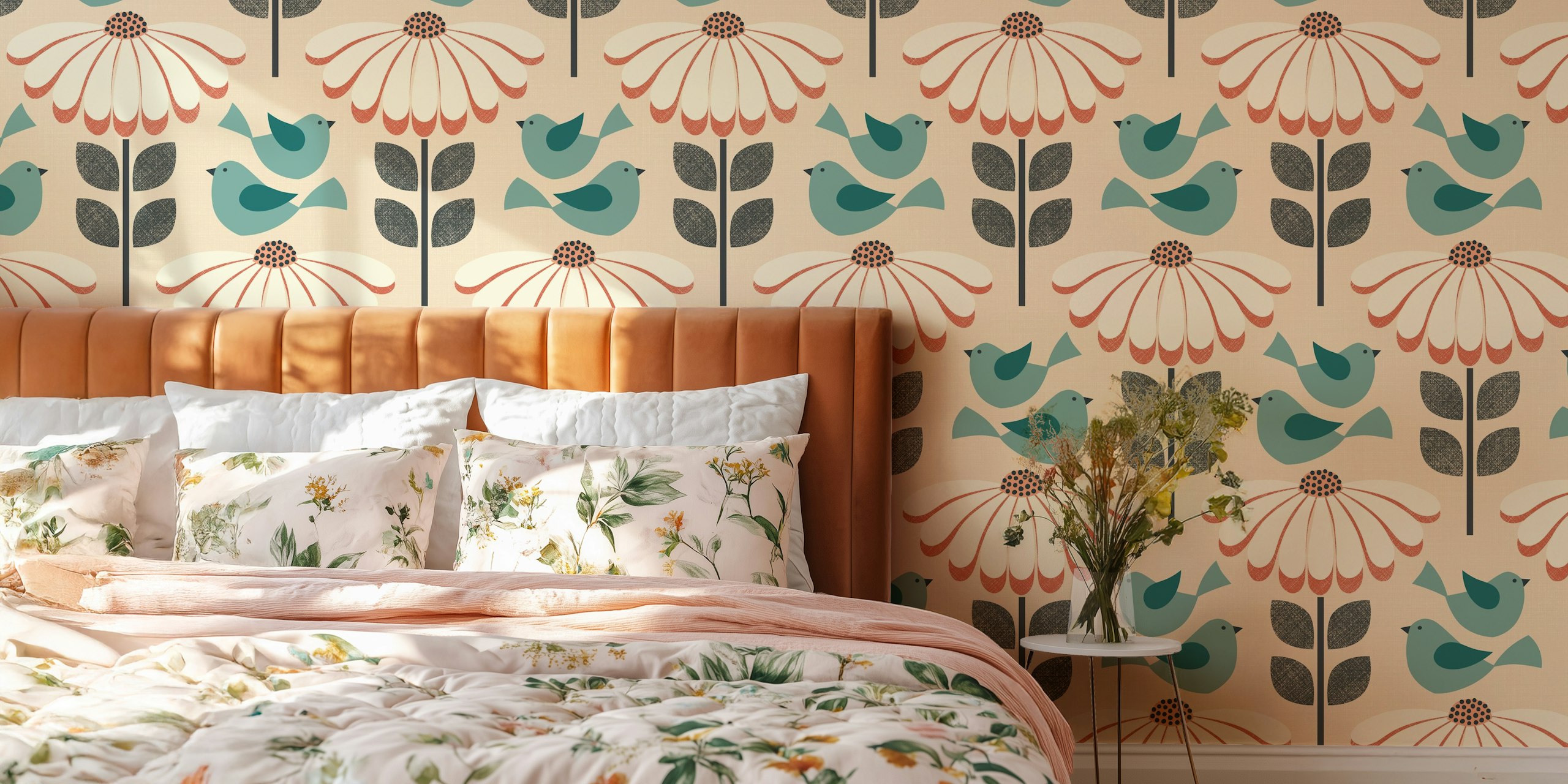 Daisies with fluttering birds - blue, coral