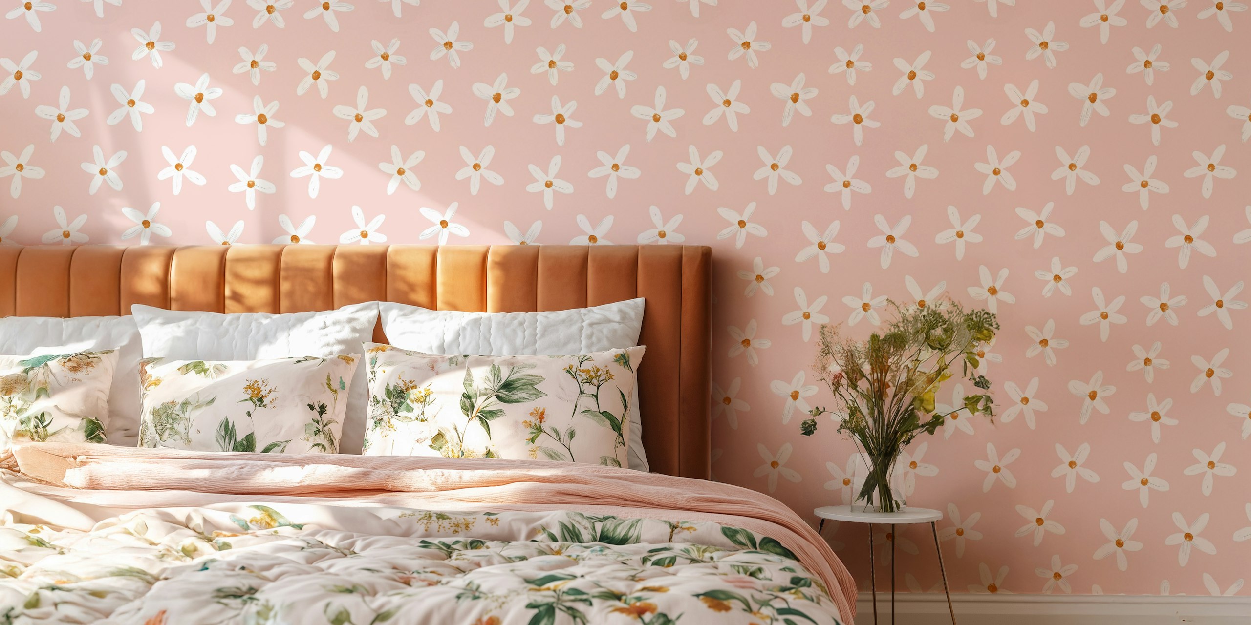 White daisies with yellow centers on pink background wallpaper