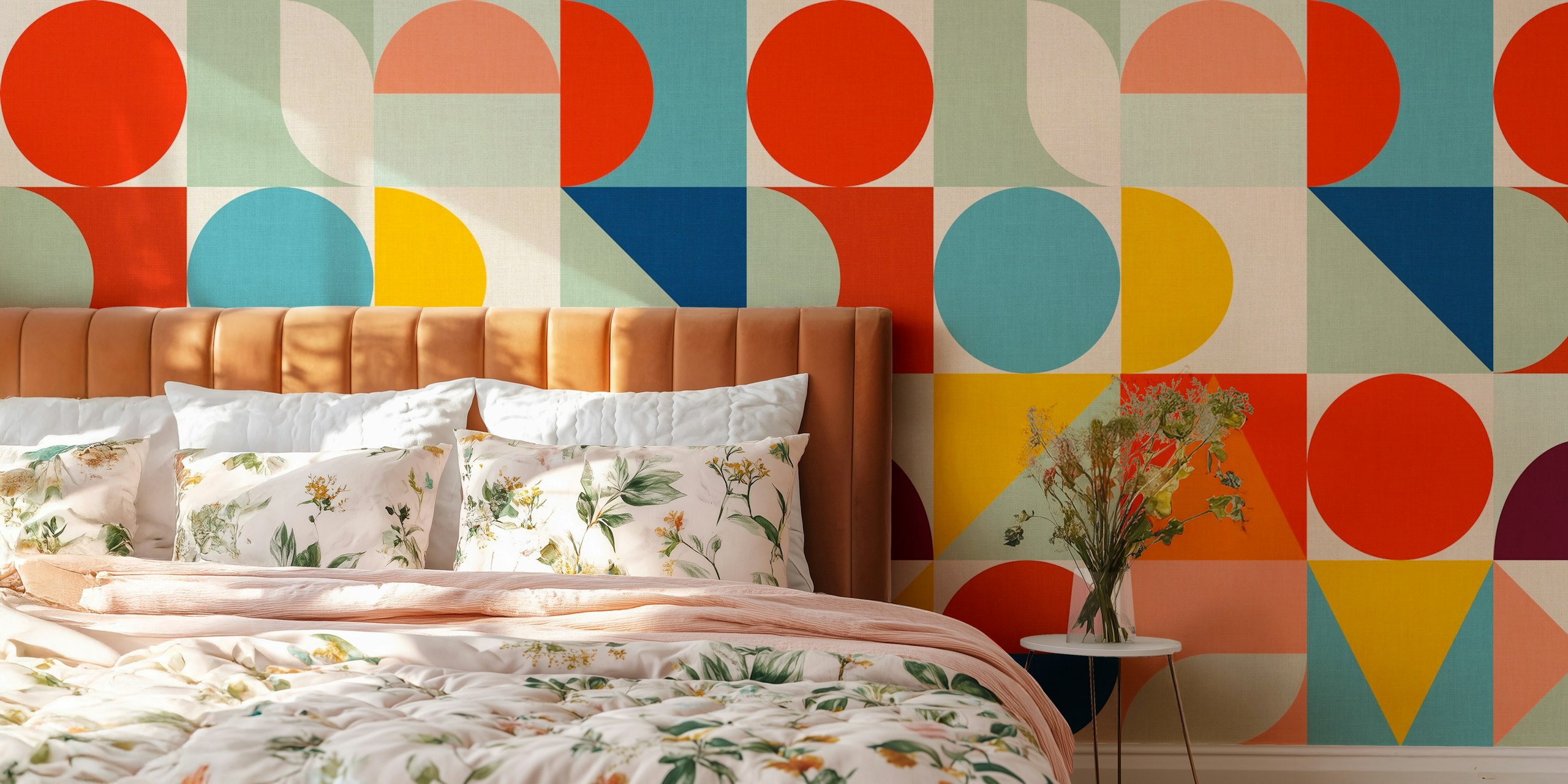 Colorful geometric shapes in red, blue, yellow, and green wallpaper