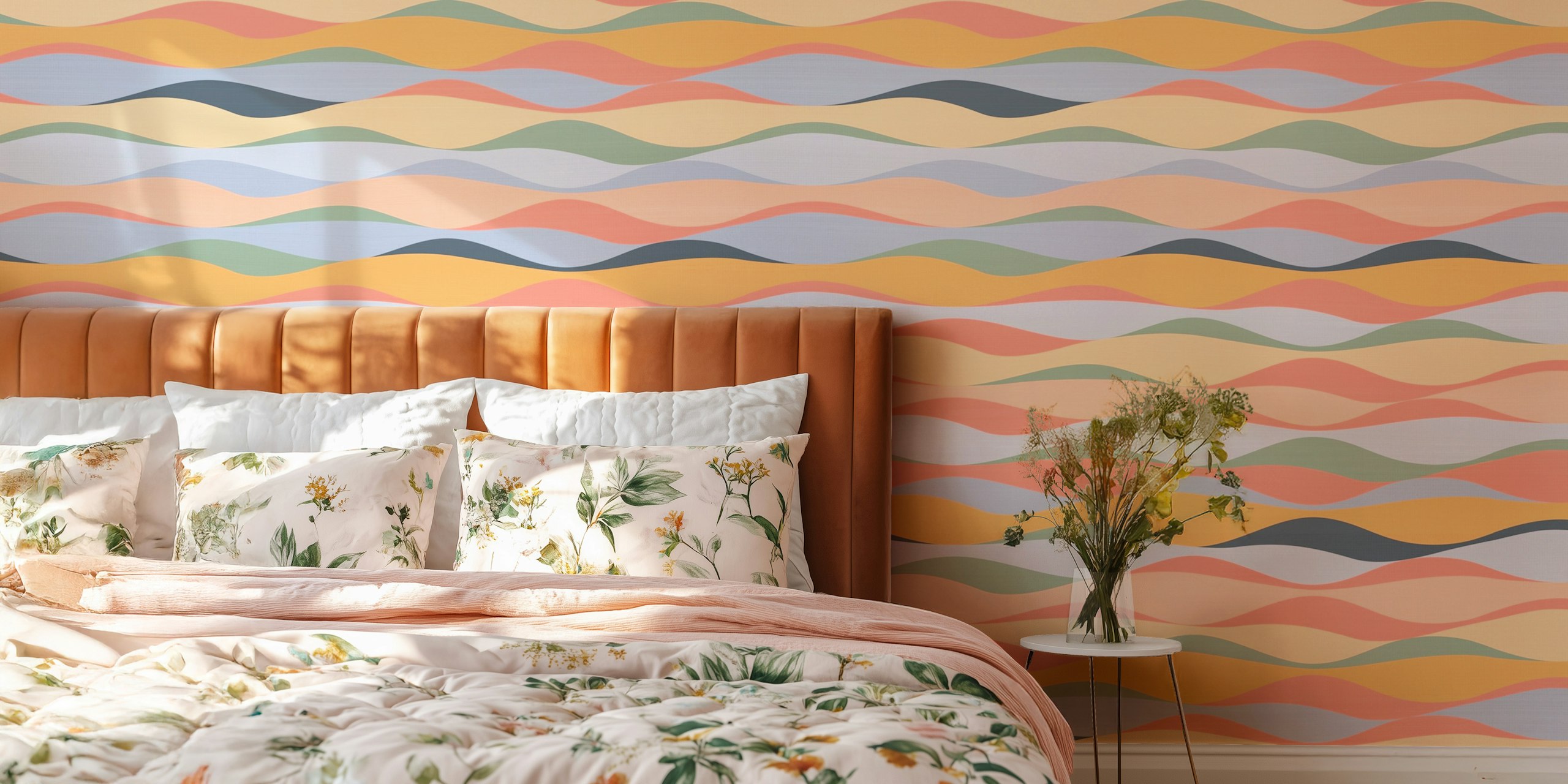 Pastel colored wavy lines wall mural creating a tranquil and serene ambiance.