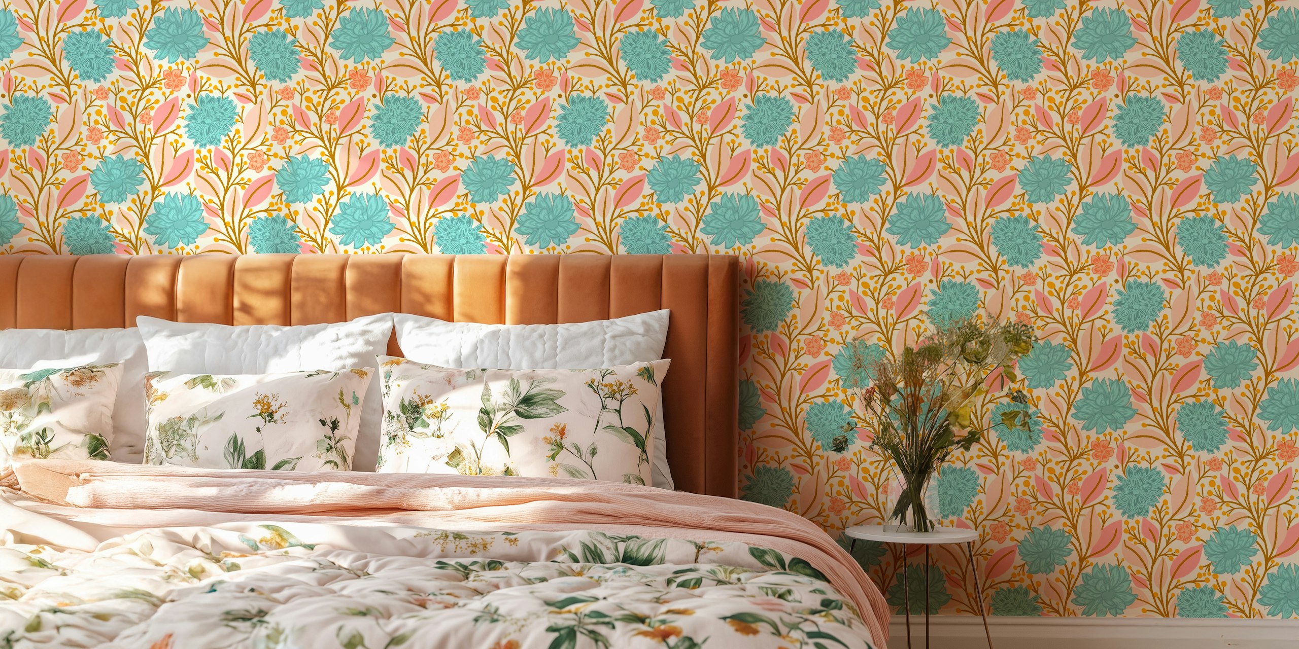 Soft blue and pink floral trailing behang in een kamer