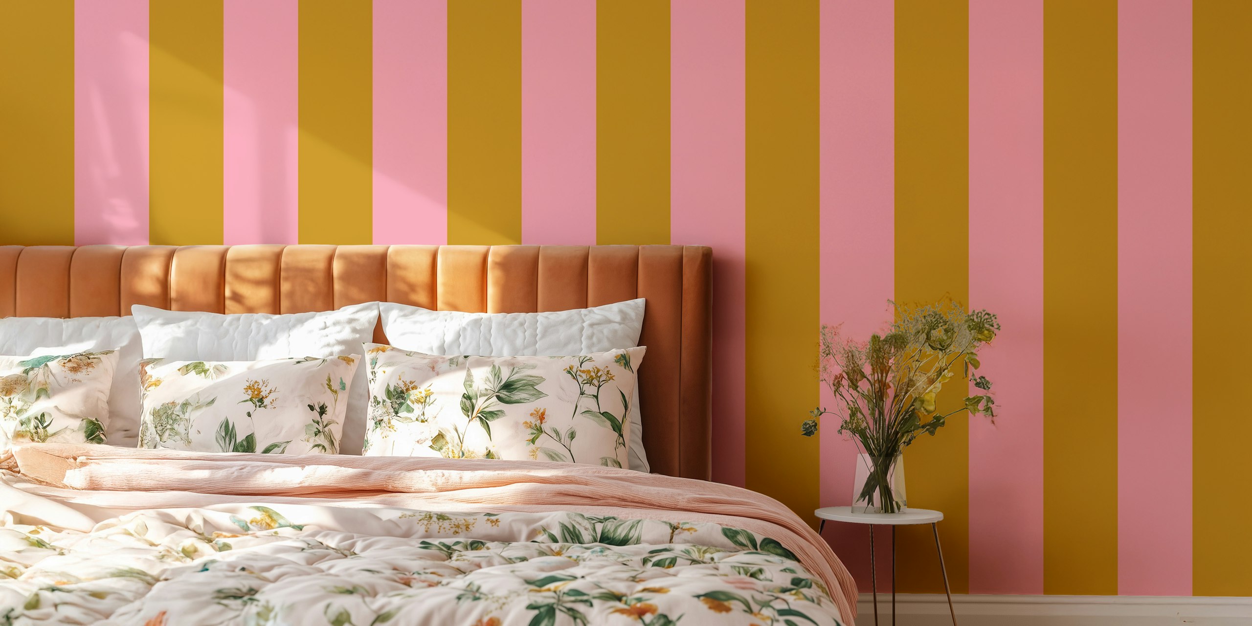 Gold and pink vertical striped wall mural