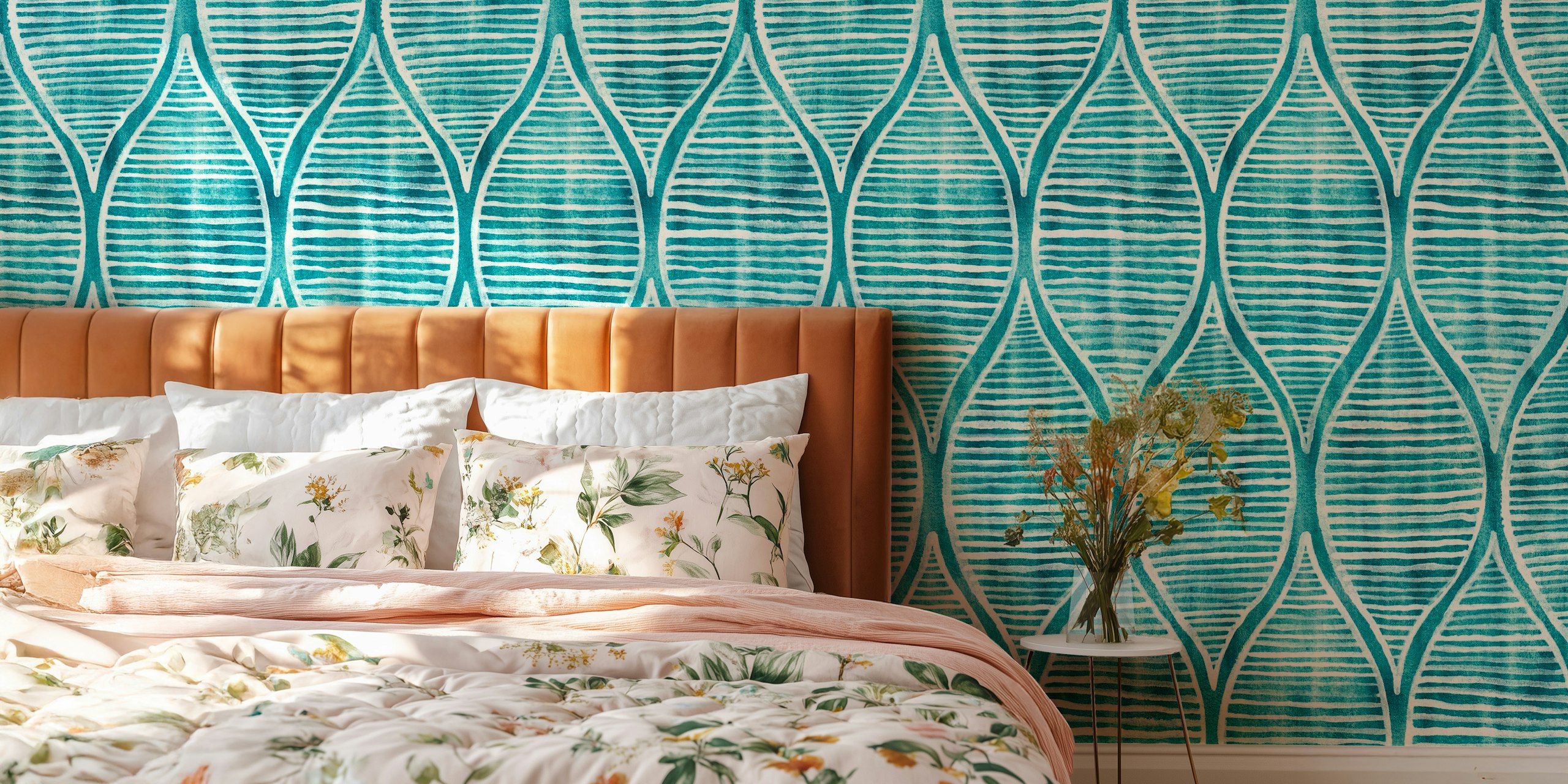 Teal blue and off-white ogee pattern wallpaper