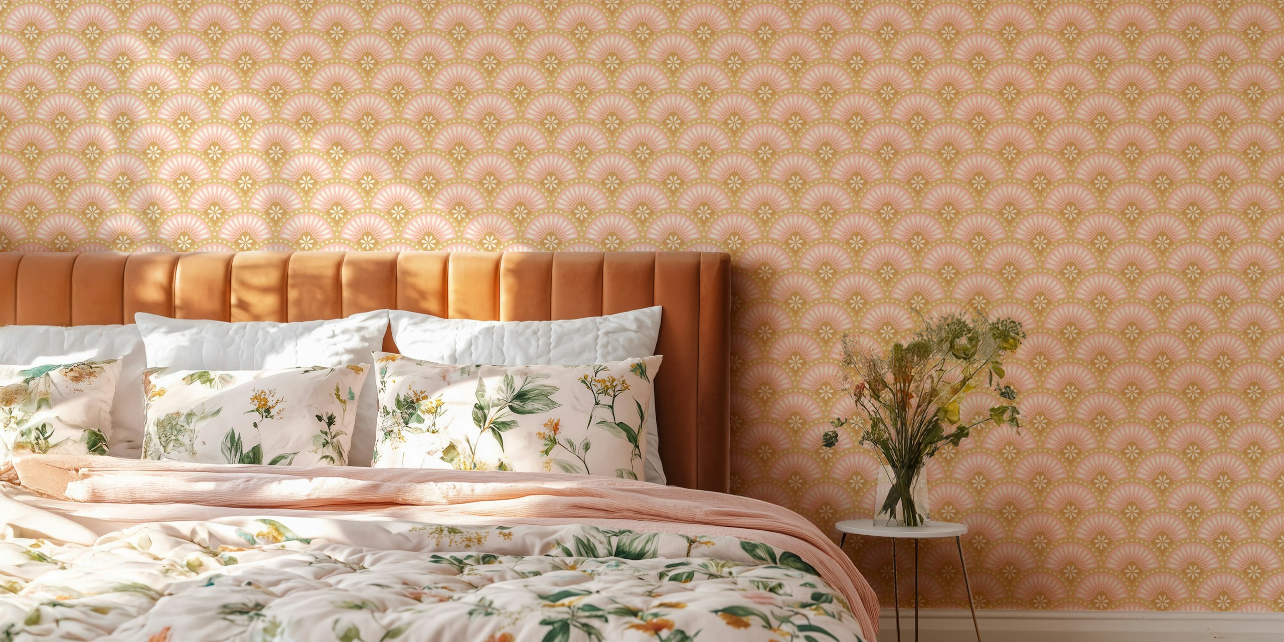 Light pink and gold floral pattern wallpaper