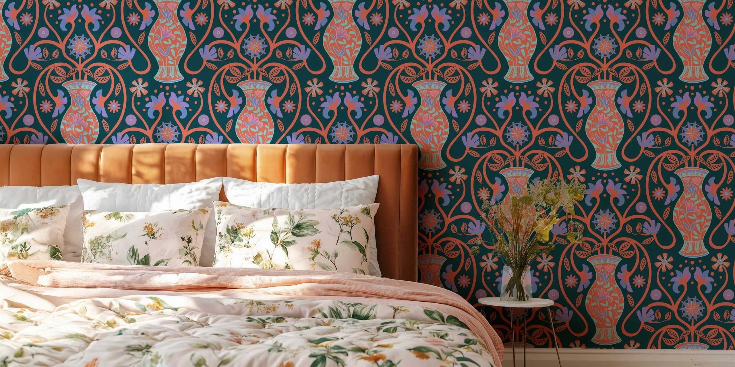 Mediterranean floral terracotta design with vases and flowers wallpaper