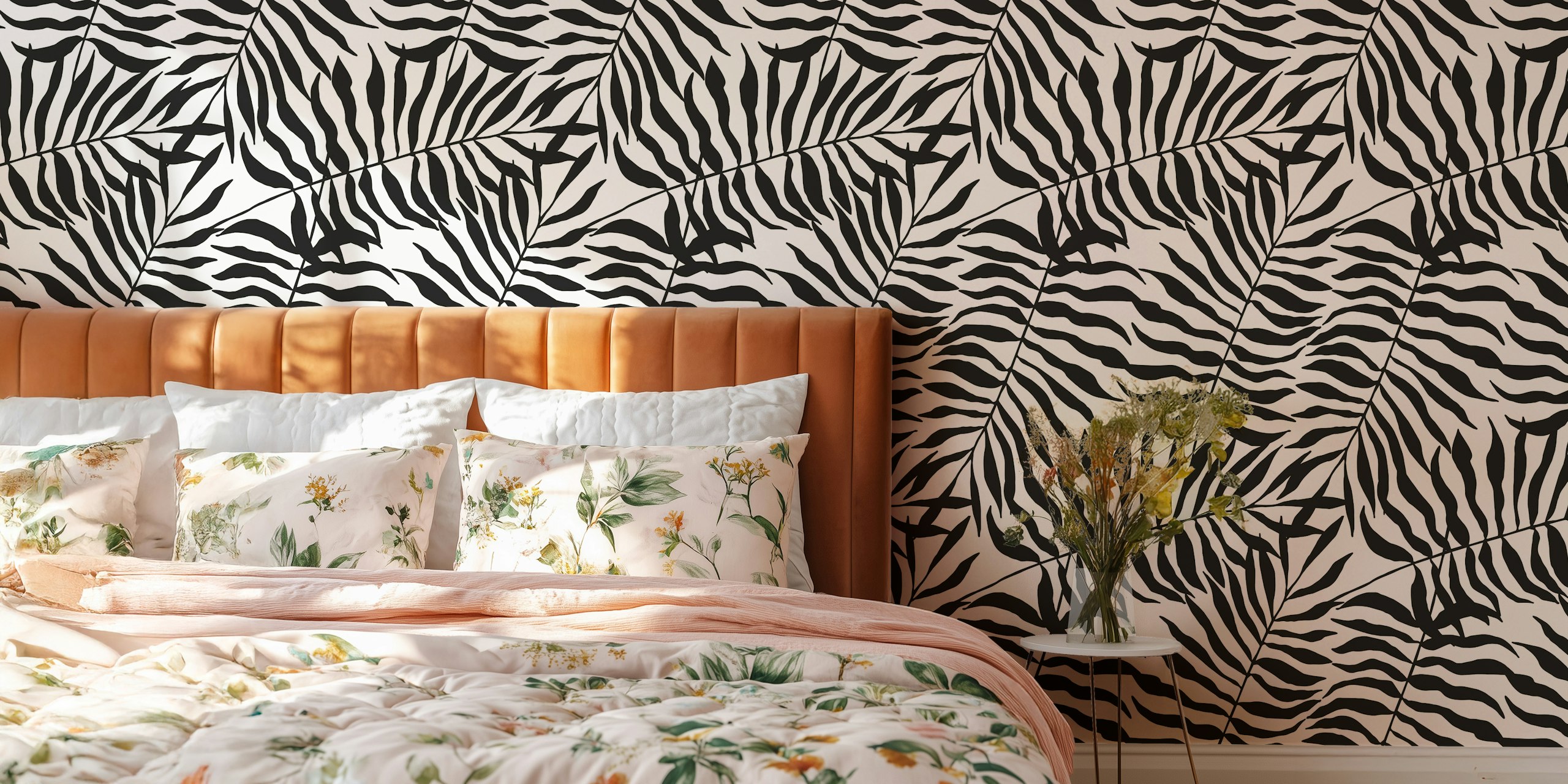 Zebra leaves pattern in black and white wallpaper
