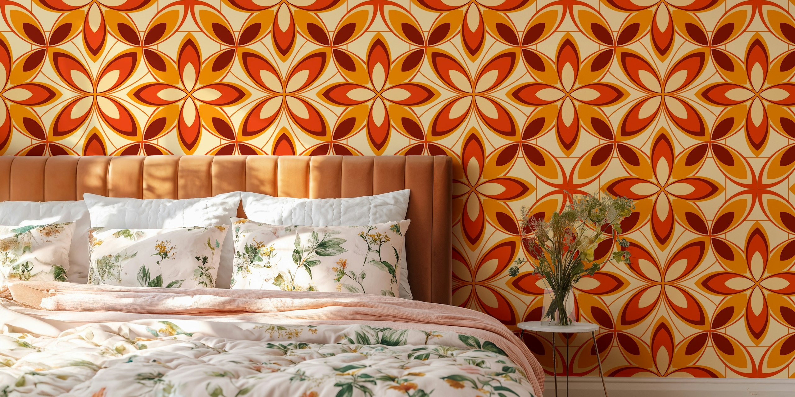 Retro floral pattern in orange, brown, and cream colors wallpaper