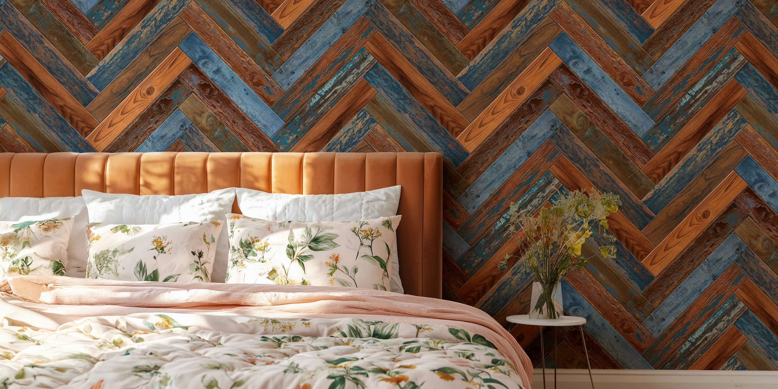 Chevron Wood Denim Rust wallpaper in a room