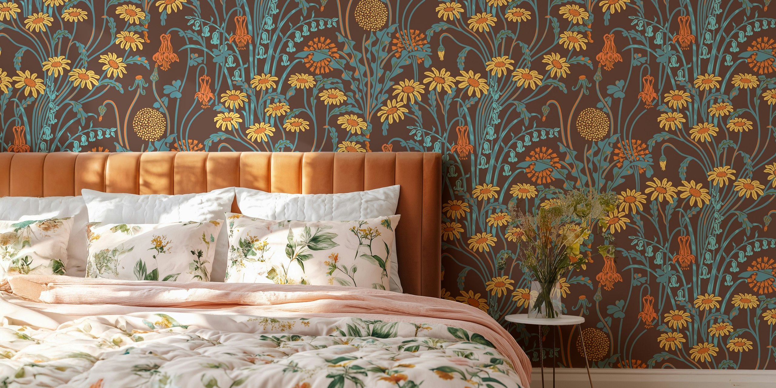 Colorful floral designs in yellow and blue on brown wallpaper