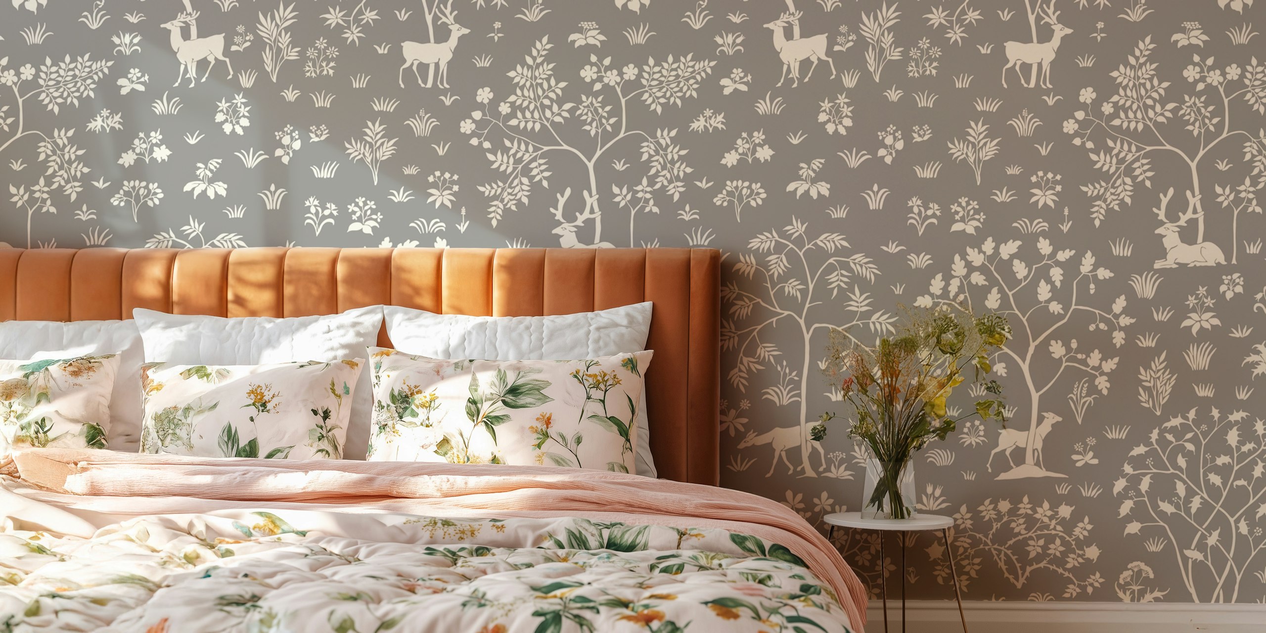 Vintage meadow wallpaper with deer on grey