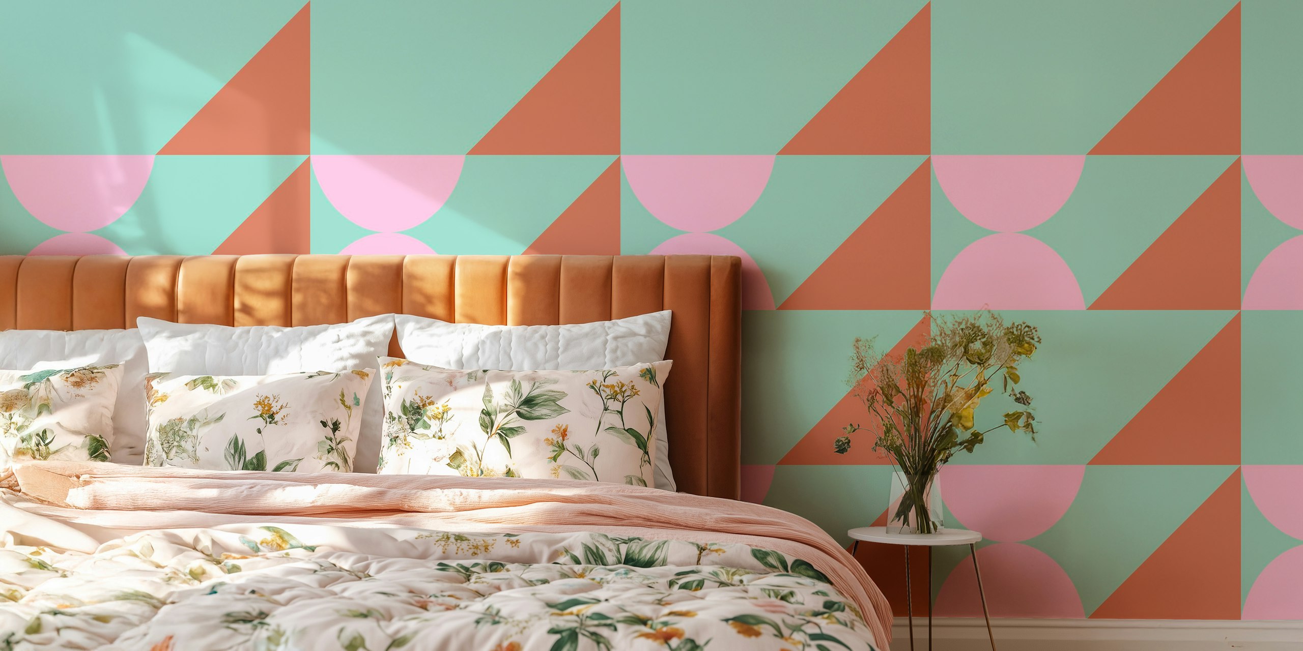 Mint pastel geometric shapes wallpaper in a room