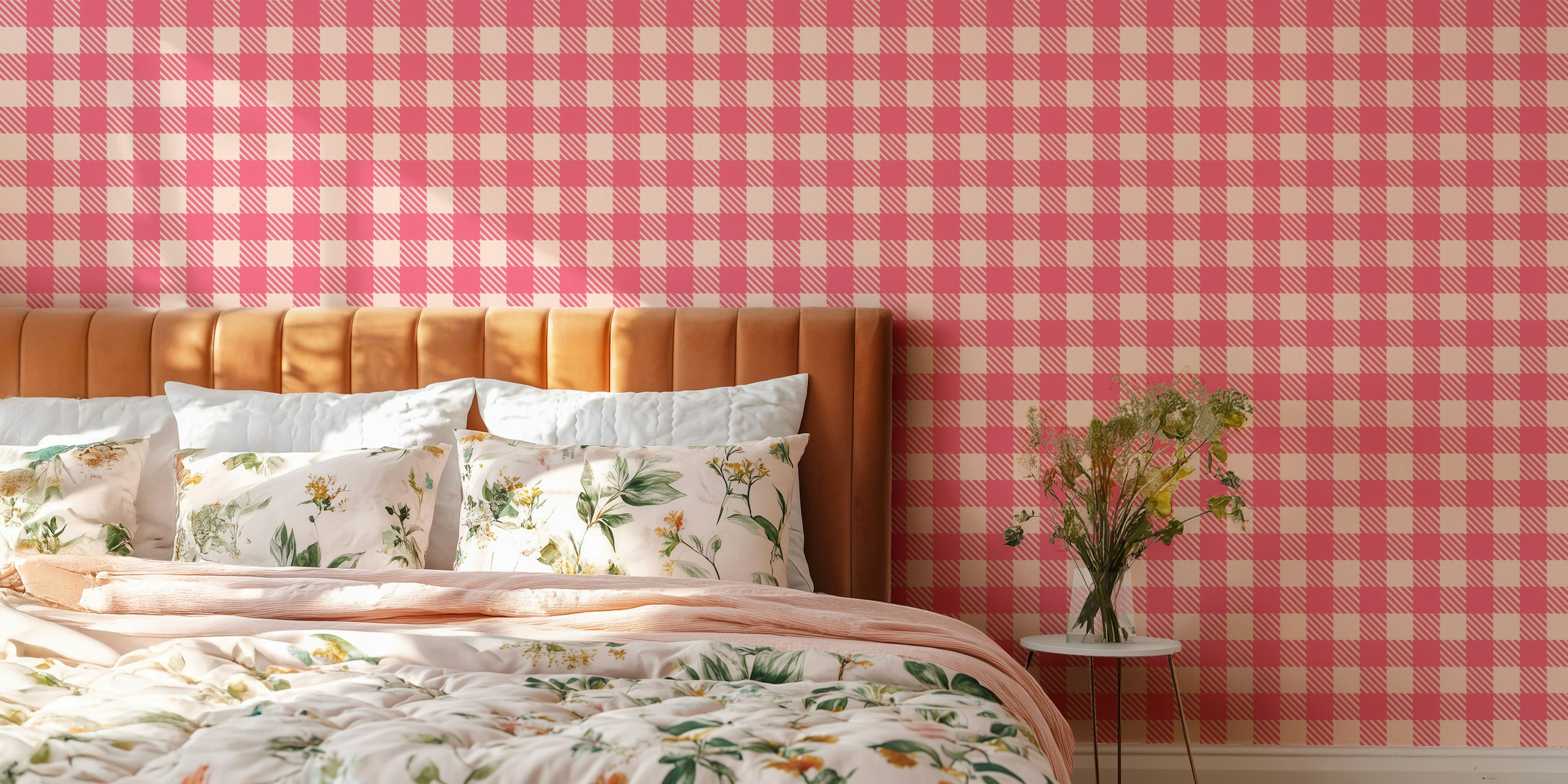 Pink and cream checkered pattern wallpaper