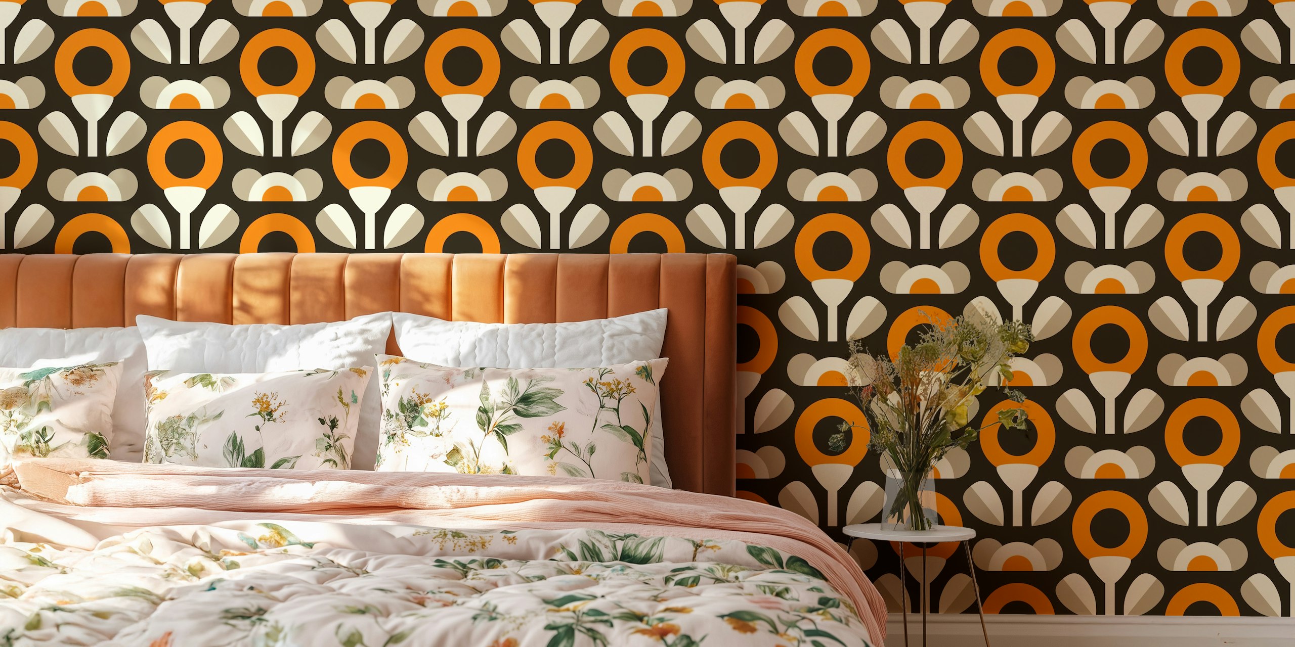 Retro circular floral pattern in brown, yellow, cream wallpaper